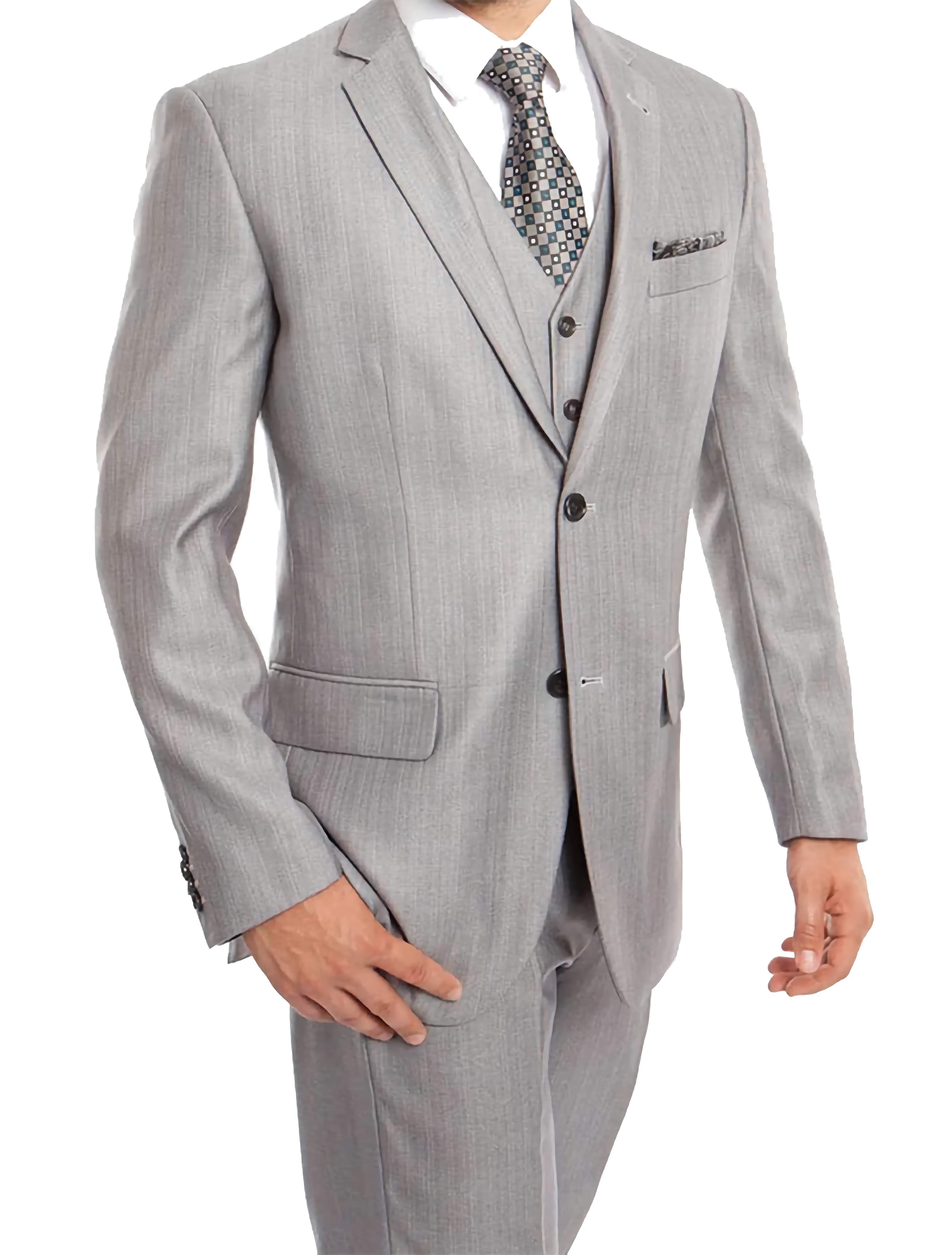Light Gray 3-Piece Modern Fit Suit Set with 2-Button Jacket & V-Neck Vest for Men - Perfect for Weddings, Business Meetings and Formal Events