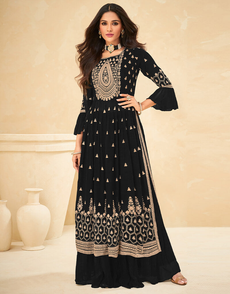 Elegant Black Palazzo Style Suit - Faux Georgette Fabric for Women's Office Wear & Evening Events
