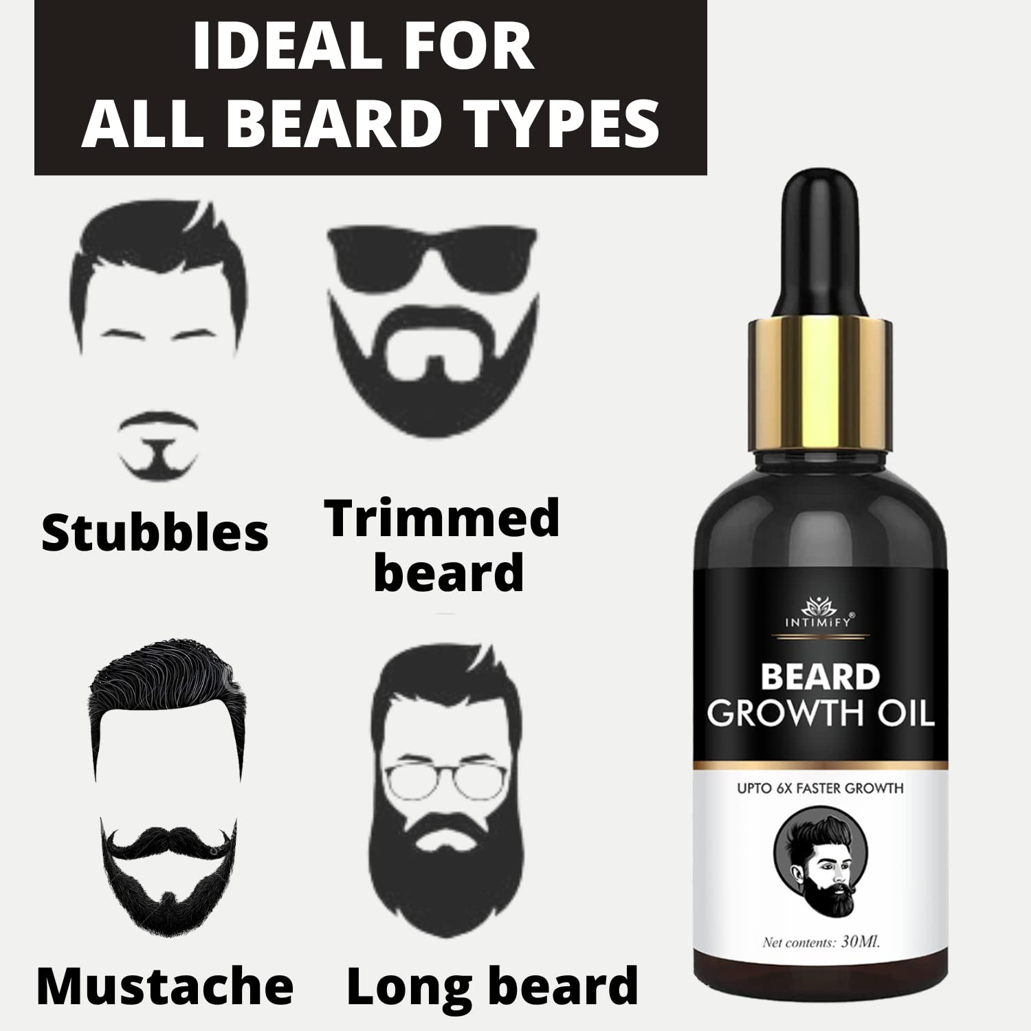 INTIMIFY Beard Growth Oil for Men - Natural Mustache & Beard Enhancer with Almond, Avocado, Argan & Jojoba Oils (30ml) - Promotes Thicker, Fuller Facial Hair Growth - Perfect for Daily Grooming & Styling Routine