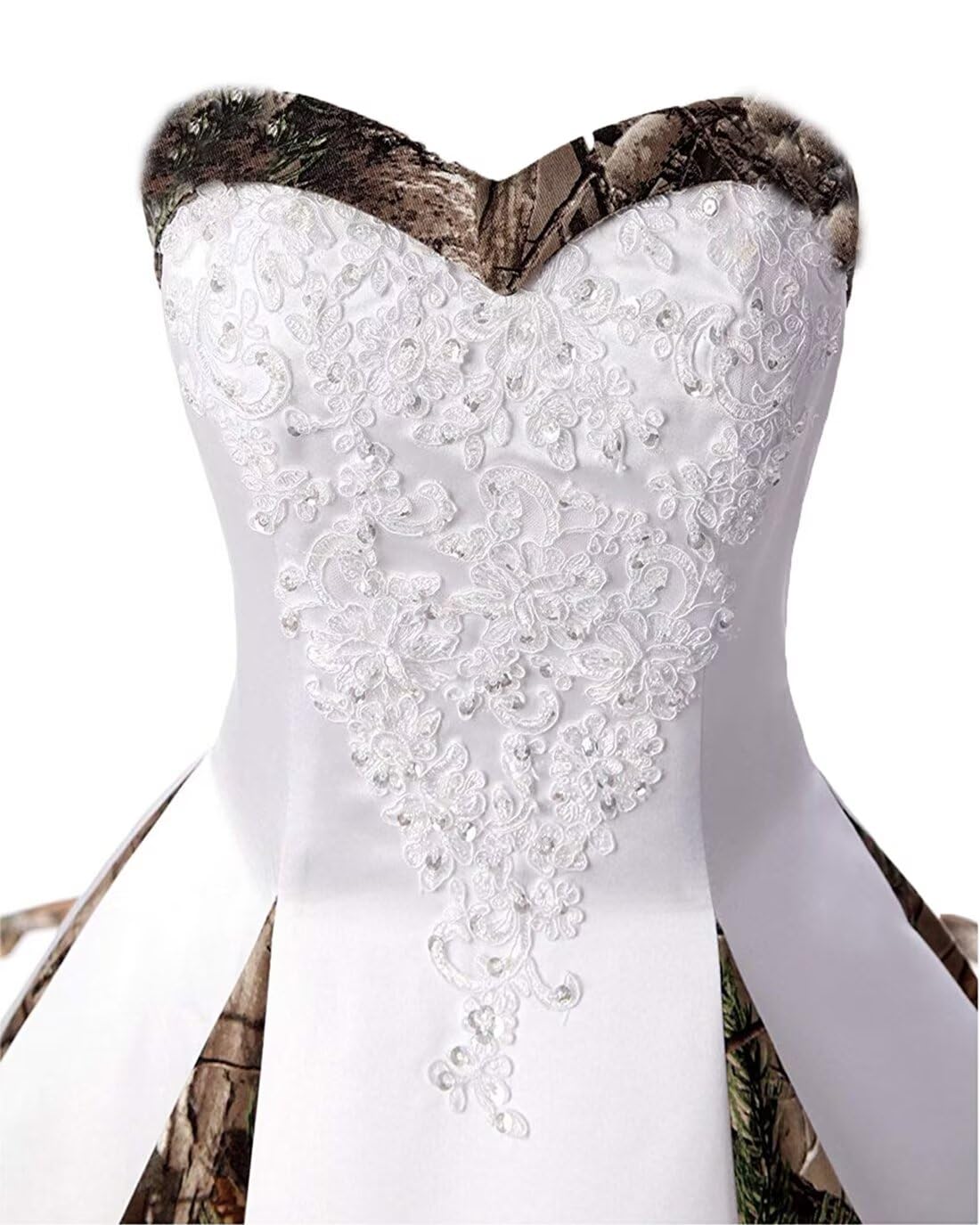 ZVOCY Women's Camouflage Wedding Dress - Satin Camo Long Formal Gown for Bride in White | Perfect for Outdoor, Military-Themed & Unique Weddings