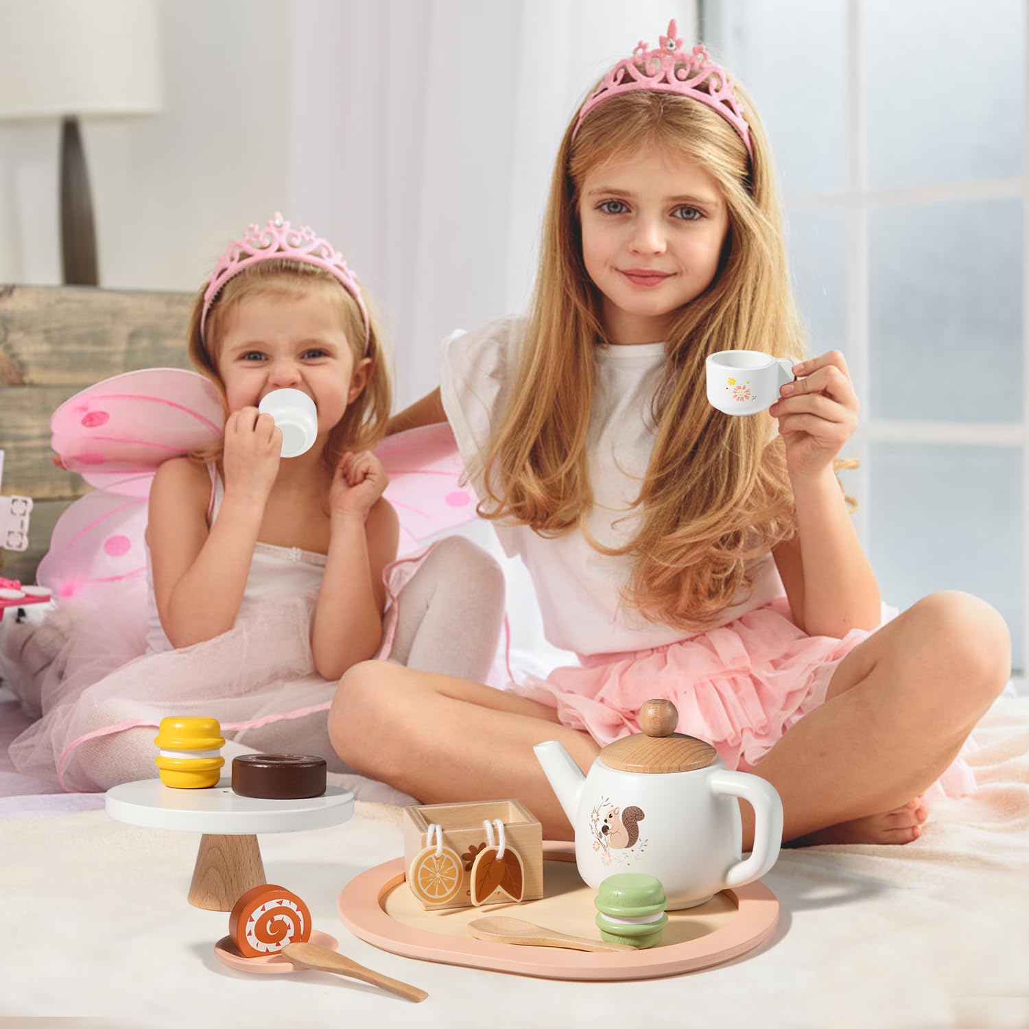 OMYBaby 19-Piece Wooden Tea Set for Toddlers & Little Girls - Pretend Play Kitchen Toy with Teapot, Cups, Dessert Stand, Macarons, Cakes & Serving Tray - Perfect for Birthday Gifts, Tea Parties & Imaginative Play (Ages 3+)