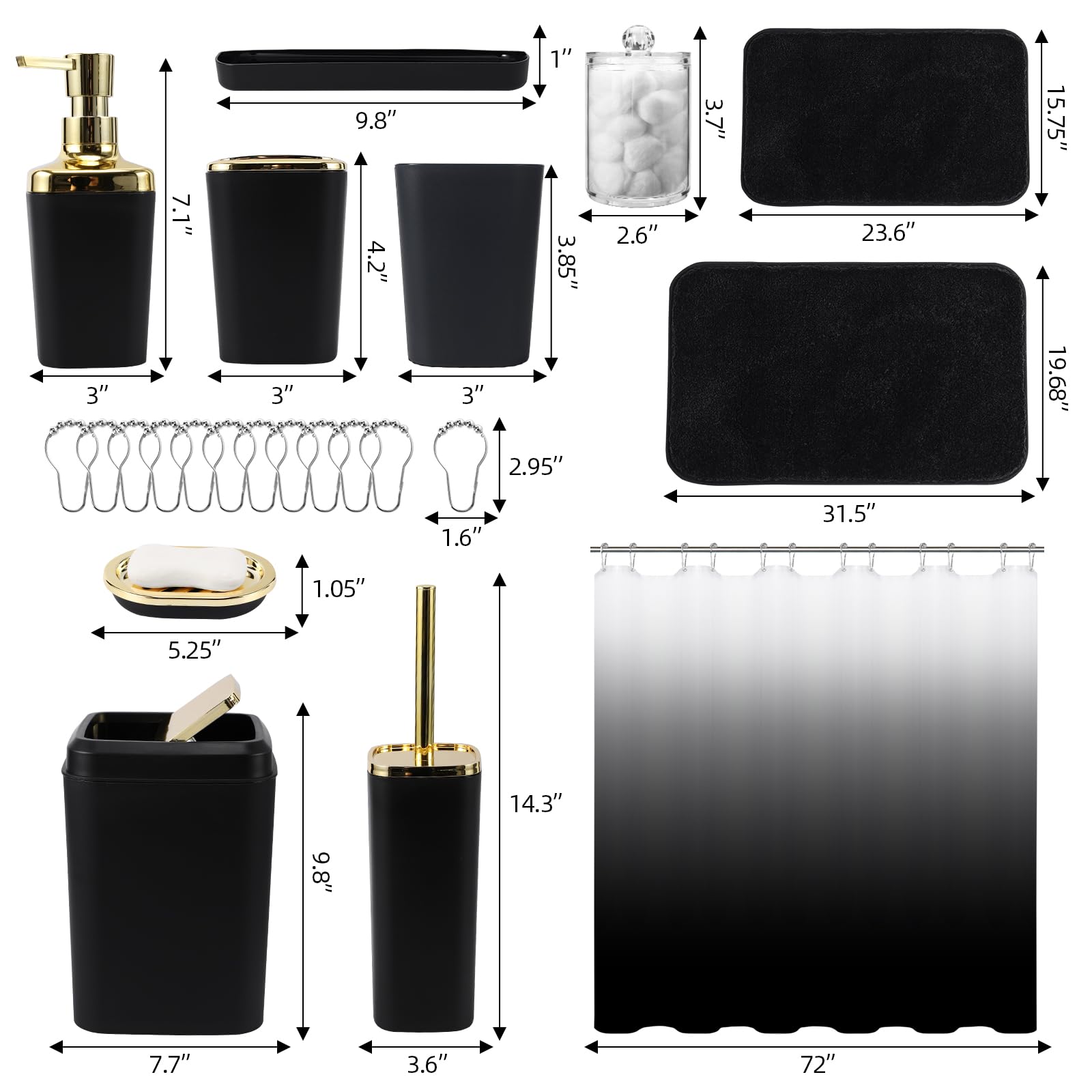 Premium 24-Piece Black Bathroom Accessories Set - Includes Shower Curtain with Hooks, Soap Dispenser, Soap Dish, Toilet Brush Holder & Trash Can - Complete Modern Bathroom Decor for Home, Apartment & Guest Bathrooms