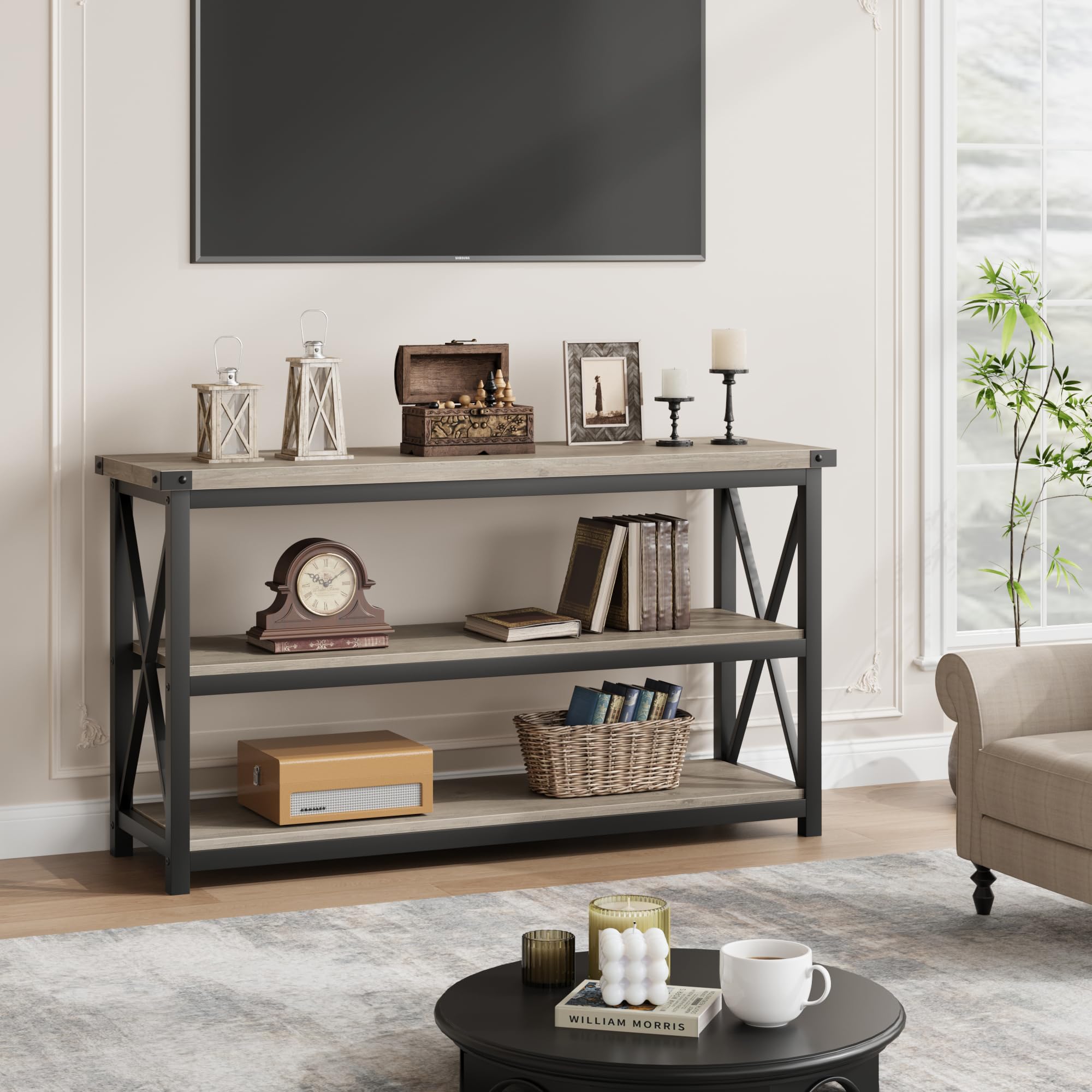 GARVEE 3-Tier Narrow Console Table with Storage Shelf - 47.2 Inch Industrial Style Entryway Table - Wood & Metal Frame for Living Room, Hallway, Foyer Decor