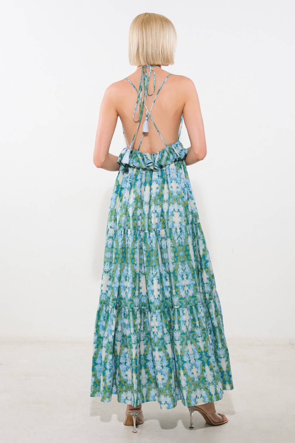 MOONLIGHT WHISPER PEPLUM MAXI DRESS in Blue | Elegant Flowy Women's Evening Gown for Parties, Weddings & Special Occasions