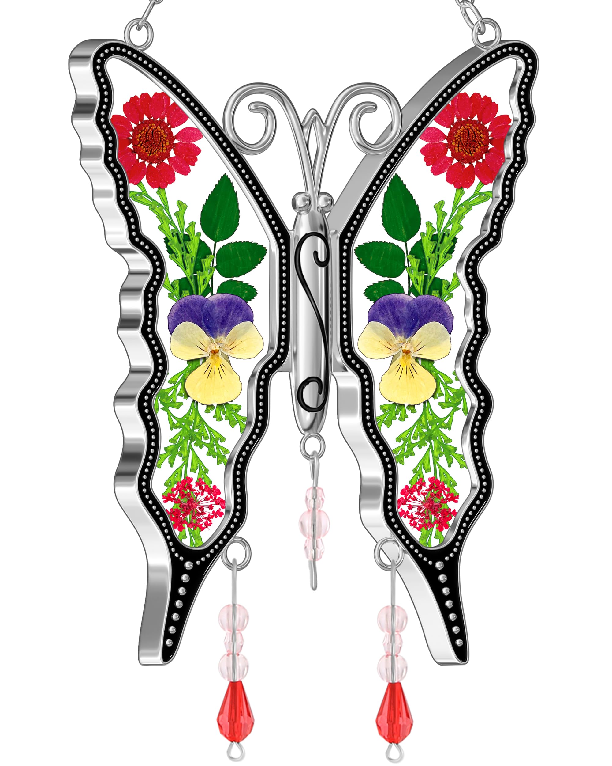 KY&BOSAM Butterfly Suncatcher Window Hanging - Pressed Flower Glass Ornament with Metal Engraving - DIY Gift for Mom, Mother's Day, Valentine's, Birthday, Thanksgiving & Christmas - Perfect for Home Decor, Garden Windows & Special Occasion Gifting