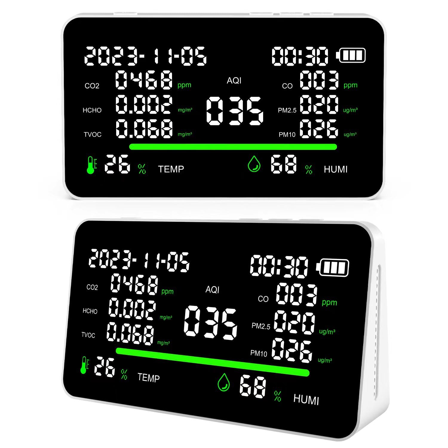 11-in-1 Air Quality Monitor for Home & Office - CO2/VOC/PM2.5/Temp/Humidity Detector - Portable Battery Powered
