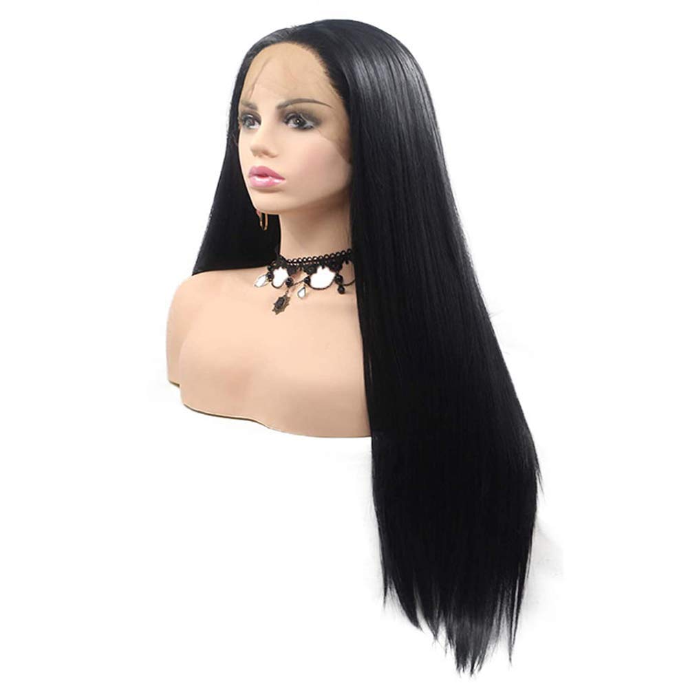Black Lace Front Wig 24 Inch - Pre Plucked Hairline, Long Straight Real Human Hair Wigs for Women | Glueless, Heat Resistant Synthetic Fiber Wigs with Middle Part | Perfect for Cosplay, Daily Wear & Hair Replacement
