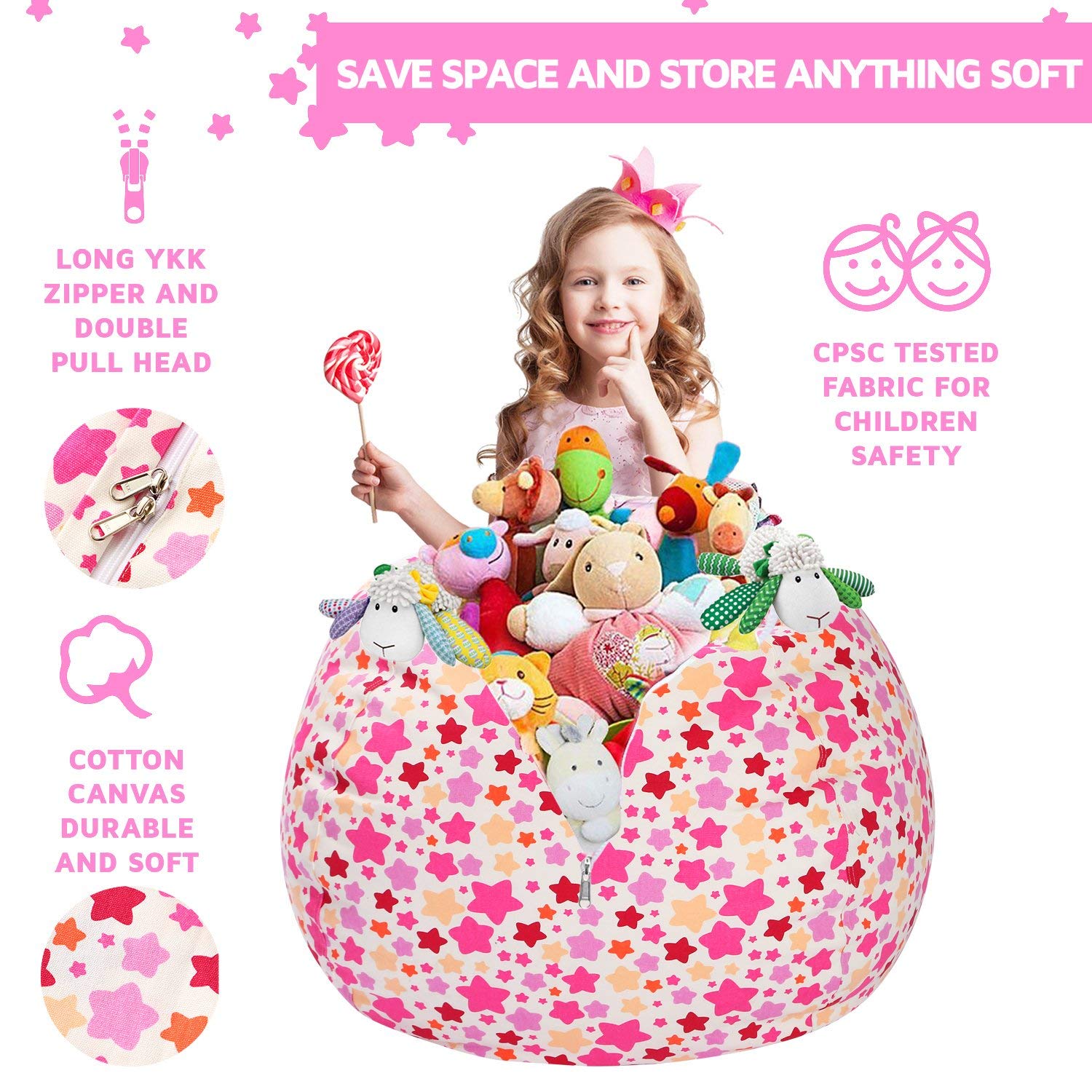 Premium Wekapo Stuffed Animal Storage Bean Bag Chair Cover for Kids - Large Cotton Canvas Organizer with Zipper for Plush Toys (Small Star, X-Large) | Playroom Decor, Kids Bedroom Storage, Toy Organization Solution