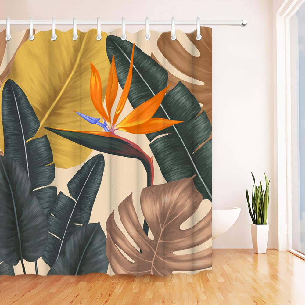 Tropical Shower Curtain - Bird of Paradise & Palm Leaf Design, Retro Hawaii Bathroom Decor with Hooks, 72x72 Inches, Brown - Perfect for Beach-Themed Bathrooms and Vacation Home Decor