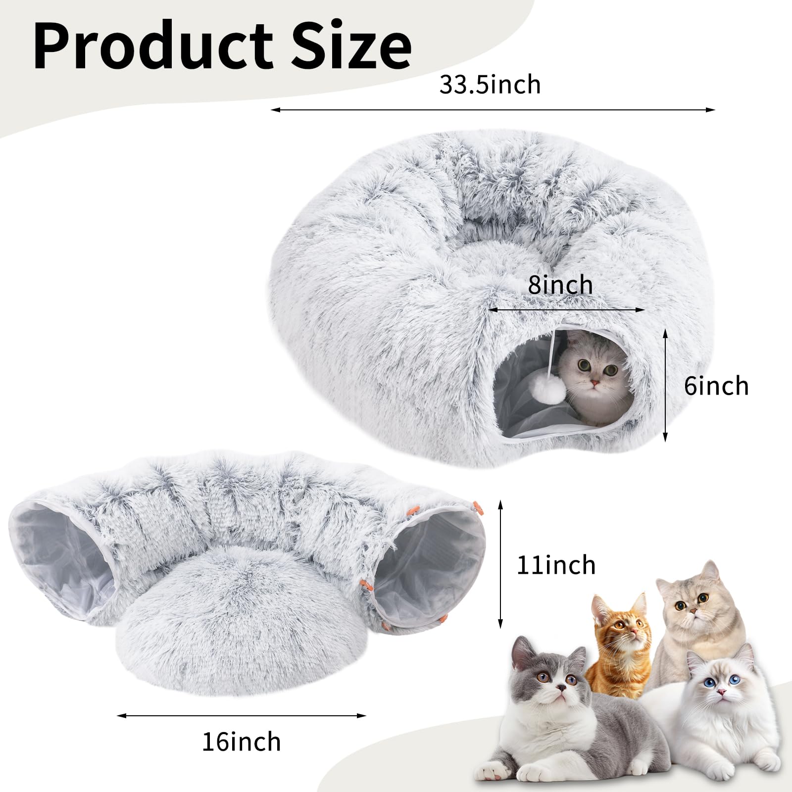 Washable Cat Tunnel Bed with Collapsible Donut Design - Indoor Cat Cave Toy for Medium & Large Cats - Peekaboo Hideaway & Play Tunnel - Perfect for Playtime, Napping & Stress Relief (Gray)