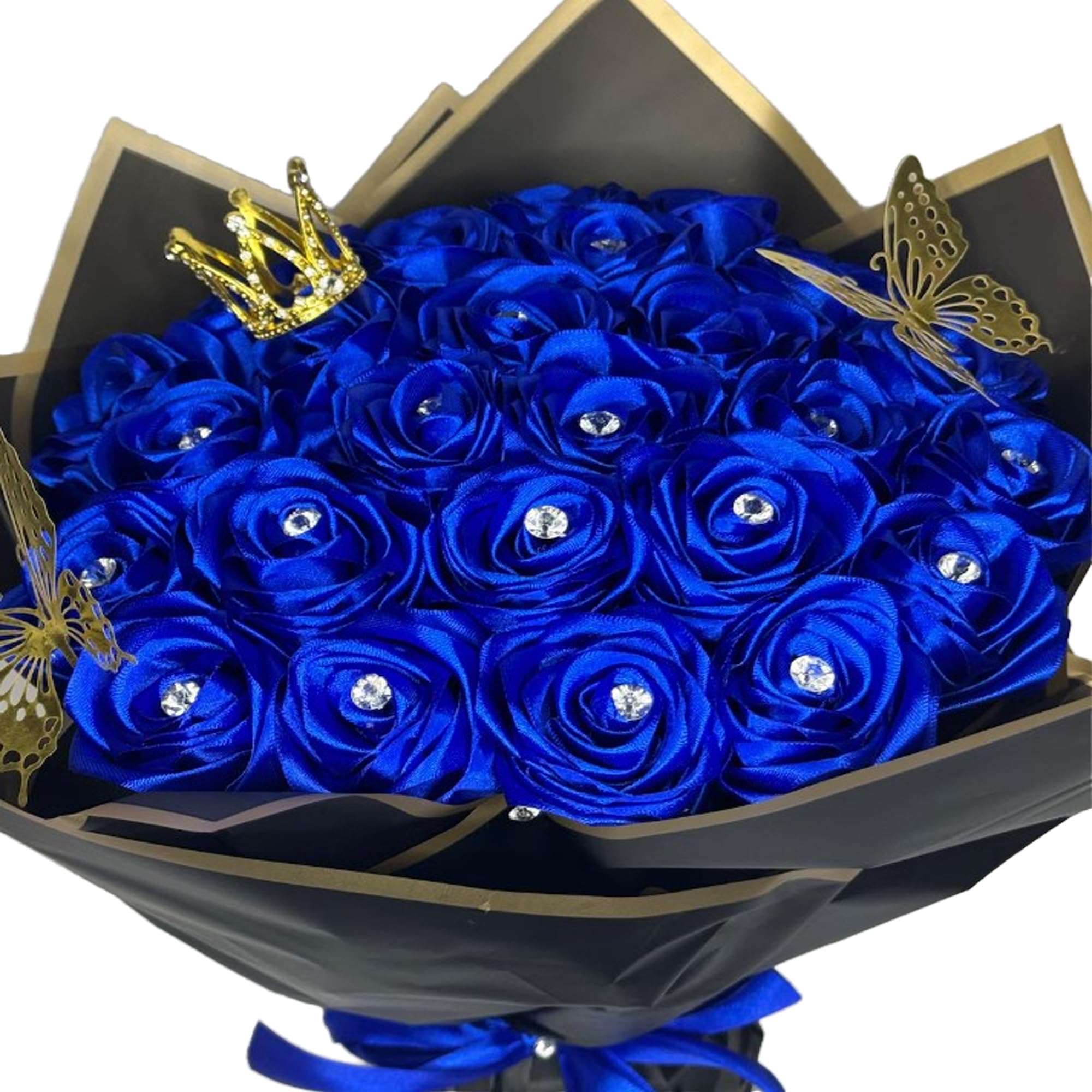 DIY Eternal Blue Ribbon Rose Bouquet - Handmade Artificial Silk Flowers for Valentine's Day, Anniversary & Wedding - Romantic Gift for Girlfriend, Wife, Mother - Perfect for Home Decor, Table Centerpieces & Special Occasions (16 Roses)