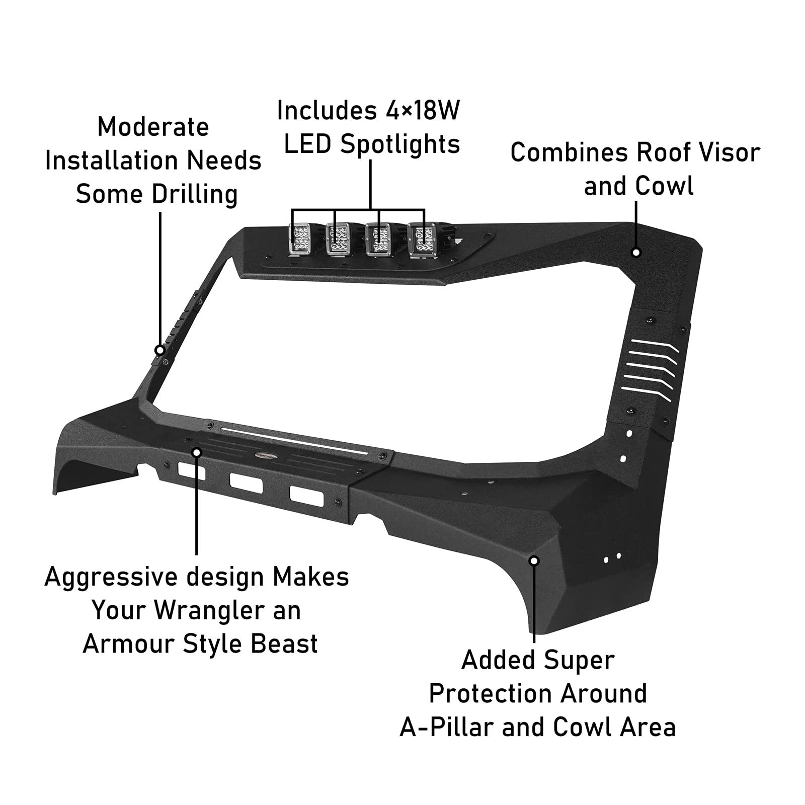 Jeep Wrangler JK Front Bumper Grill & Windshield Frame Cover Visor (2007-2018) - Textured Black with LED Lights | Off-Road Protection & Style Upgrade
