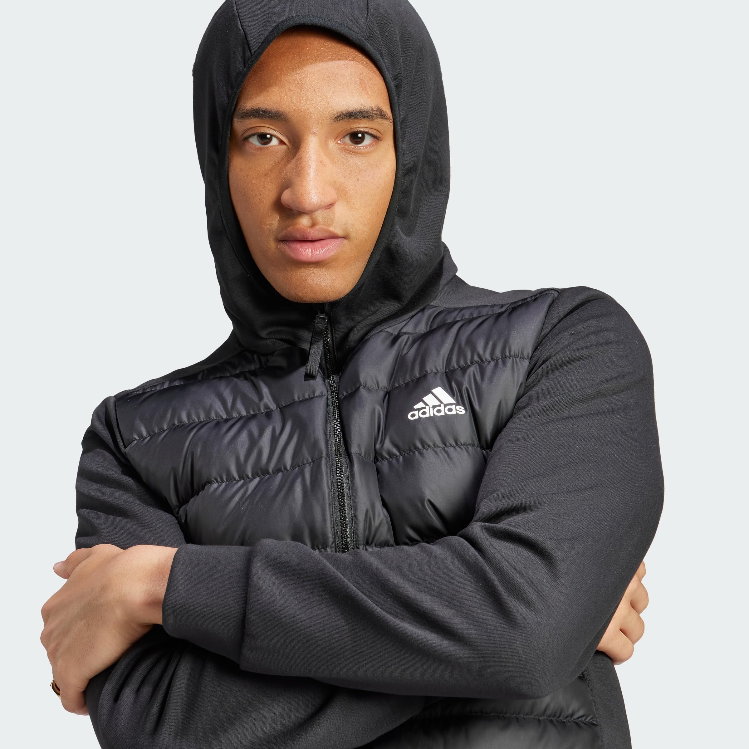 adidas Men's Essentials Hybrid Down Hooded Jacket - Lightweight Warm Winter Coat for Running, Hiking & Outdoor Activities