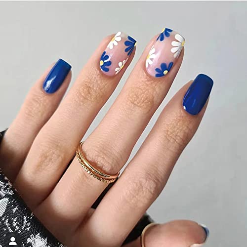 Blue White Flower Press on Nails Short - 24PCS Acrylic French Fake Nails with Glue & Tabs - Square Glossy Artificial Nails Full Cover Tips for Women & Girls - Perfect for Weddings, Parties & Daily Wear