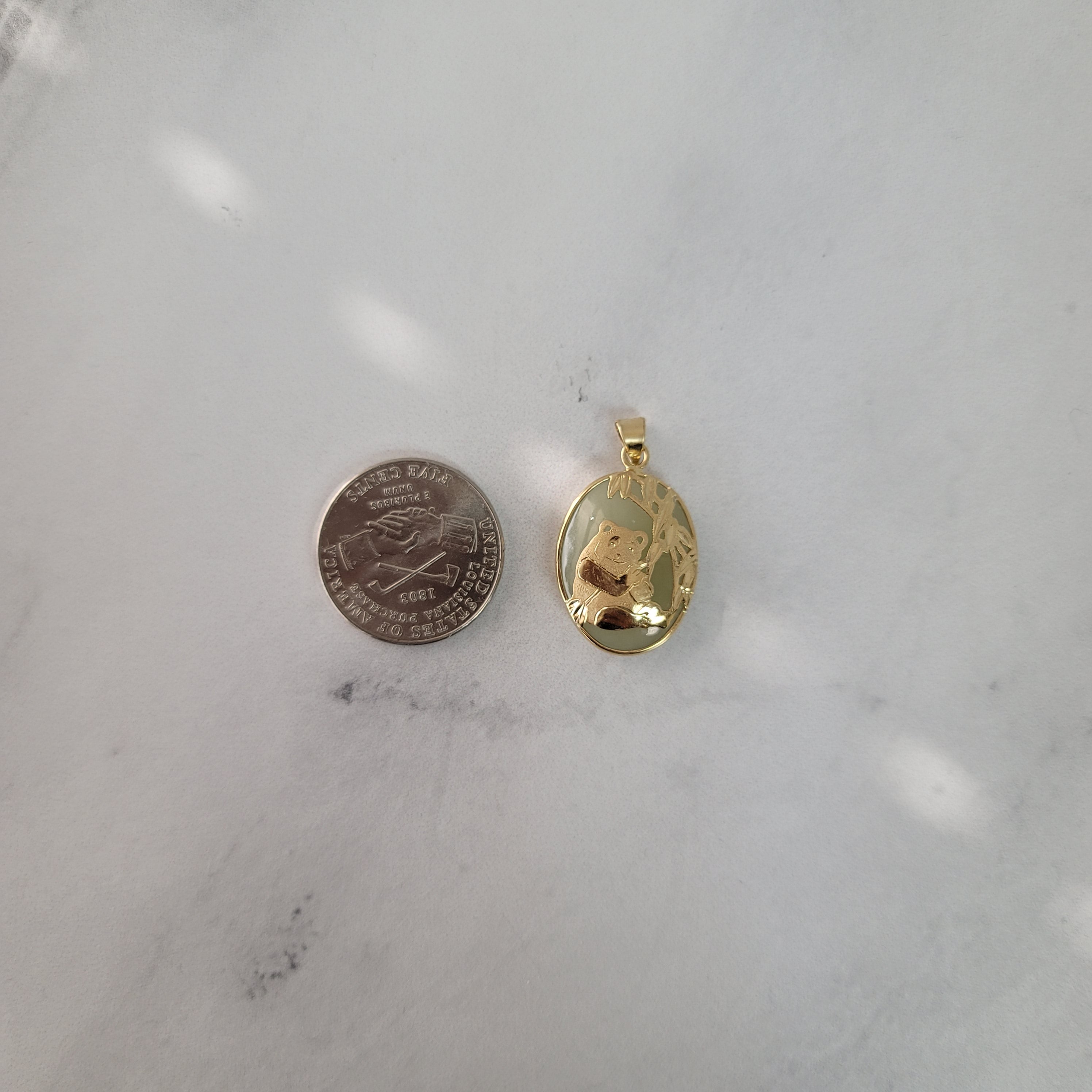 14K Yellow Gold Panda Design Oval Natural Green Jadeite Necklace - Elegant Jewelry Gift for Women, Perfect for Weddings, Parties & Special Occasions