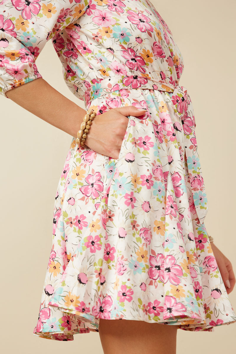 Elegant Satin Floral Print Long Sleeve Belted Flare Skirt Dress for Women - Perfect for Weddings, Parties & Special Occasions