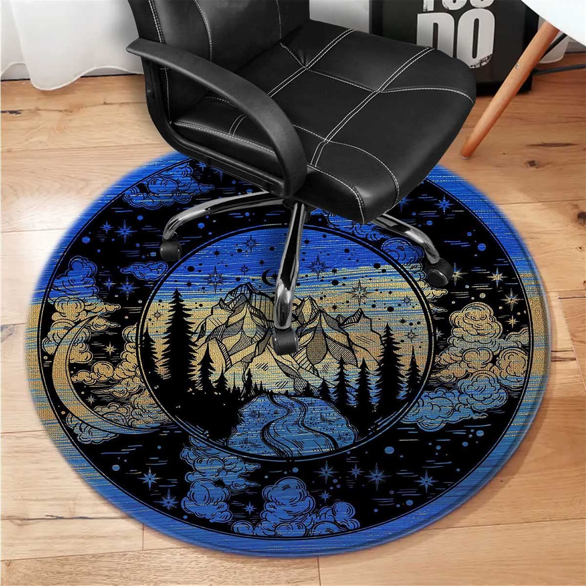 Non-Slip Blue High Chair Mat with Mountains & Night Sky Design - 43 Inch Office Chair Floor Protector for Gaming Desks, Home & Office Use - Perfect for Hardwood Floors & Carpet Protection