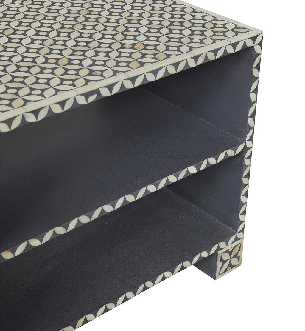 Handmade Bone Inlay Geometric Star TV Stand with 2 Doors and 2 Shelves - Stylish Media Console for Living Room, Bedroom & Home Theater Decor