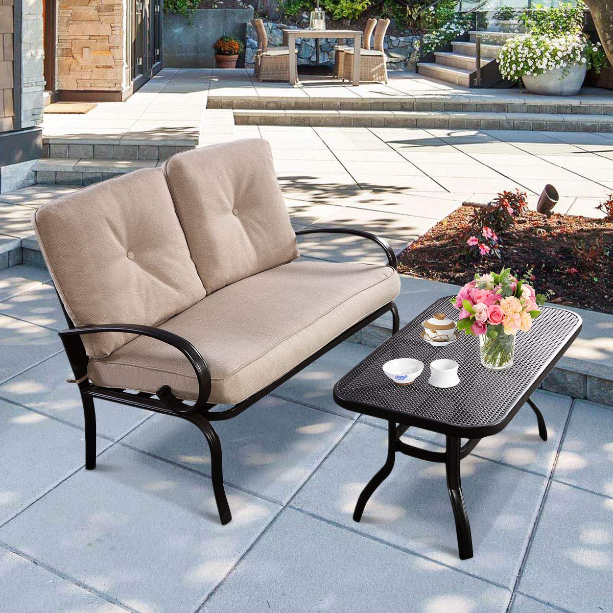 HAPPYGRILL 2-Piece Outdoor Loveseat Set with Coffee Table - Patio Garden Bench Sofa with Cushions for Backyard, Poolside & Balcony Relaxation