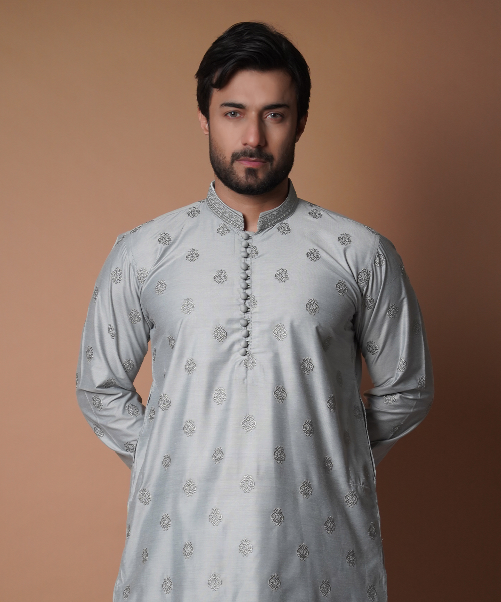 Stylish Ash Grey Motif Kurta and Pants Set for Men - Traditional Indian Ethnic Wear for Festivals, Weddings & Casual Outings