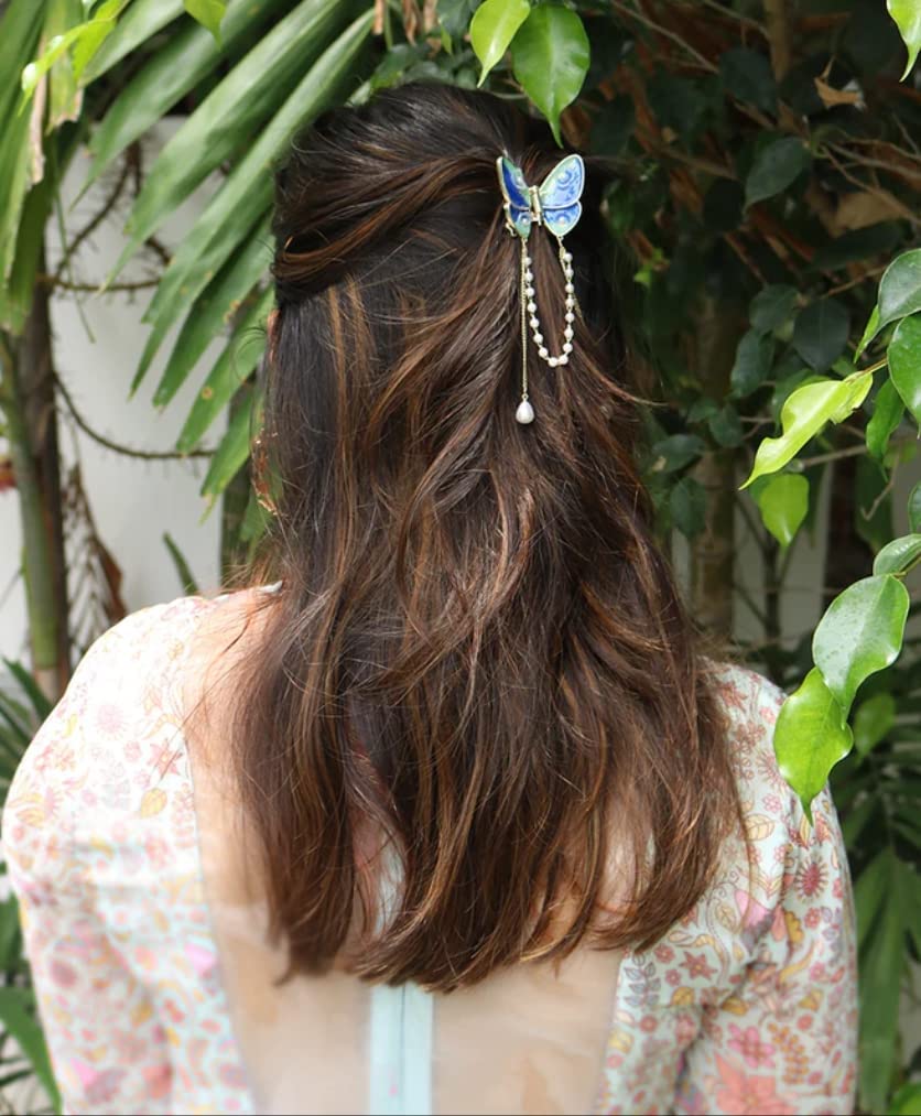 PLUCKET® Rhinestone Butterfly Hair Clips with Pearl Tassel - Small Hair Claw Barrettes for Women & Girls - Blue Hair Accessories for Parties, Weddings & Everyday Styling