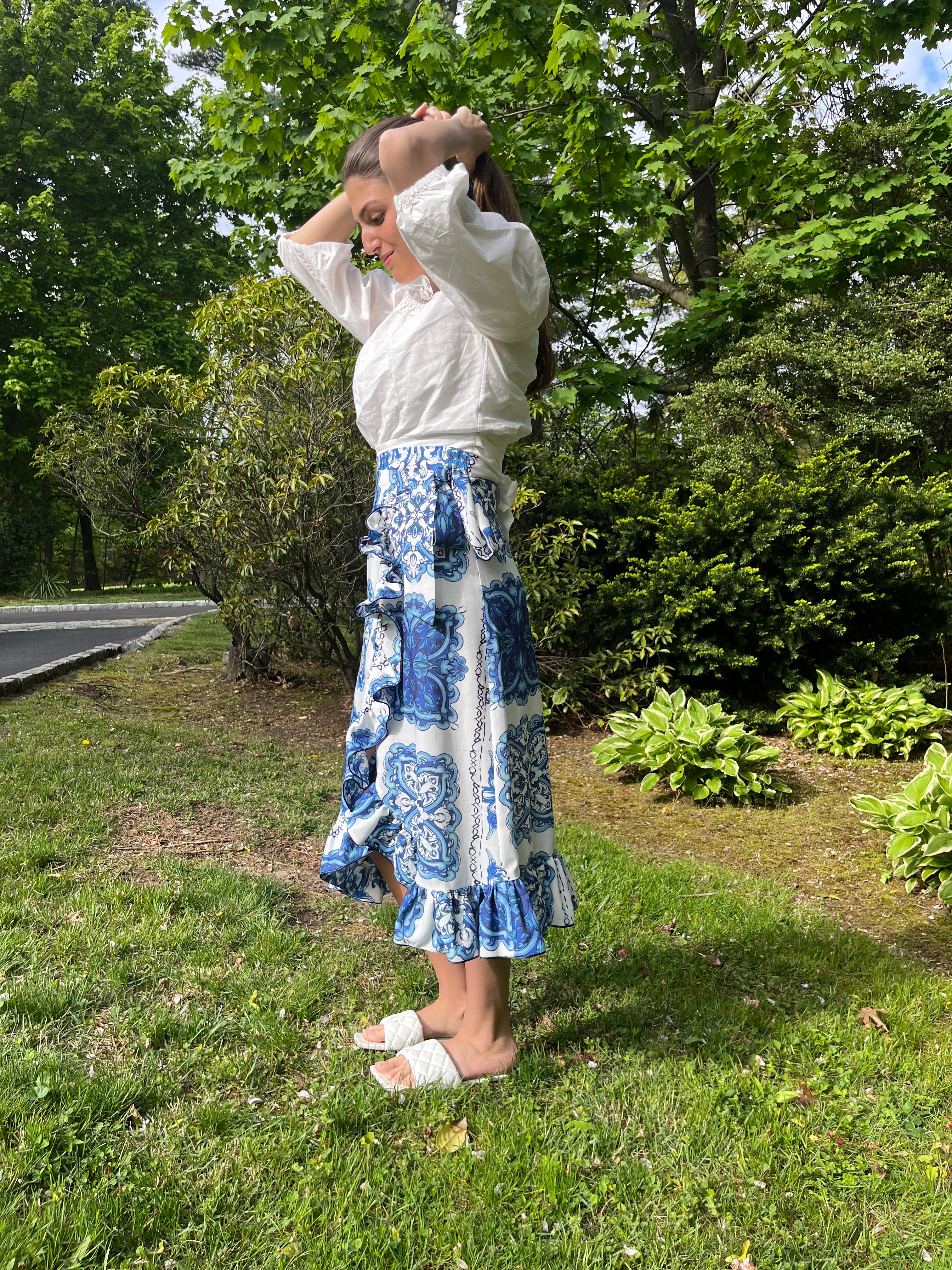 Blue and White Ruffle Wrap Skirt for Women - Flowy Summer Beach Skirt with Adjustable Waist | Perfect for Vacation, Date Night & Boho Outfits