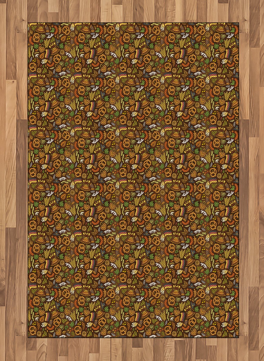 Ambesonne German Themed Cartoon Area Rug - Hand Drawn Doodle Design with Flag Hops & Pretzels | Non-Slip Flat Woven Accent Rug 4'x5'7