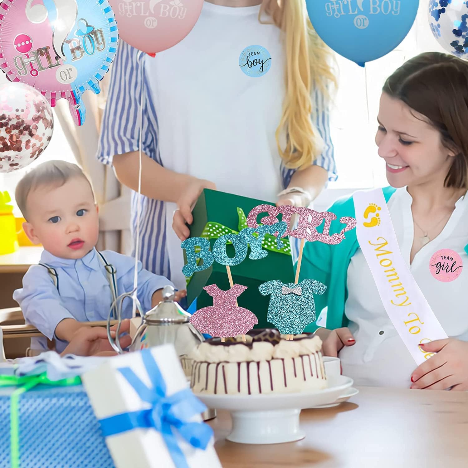 80 PCS Gender Reveal Party Decorations Set - Baby Shower Supplies with Banner, Balloons, Cupcake Toppers, Curtains, Sash & Stickers for Boy or Girl Theme - Perfect for Gender Reveal Parties & Baby Showers