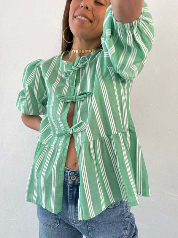 Stylish Striped Lace Mid-Sleeve Blouse for Women - Elegant Casual & Office Wear - Perfect for Spring & Summer Outfits