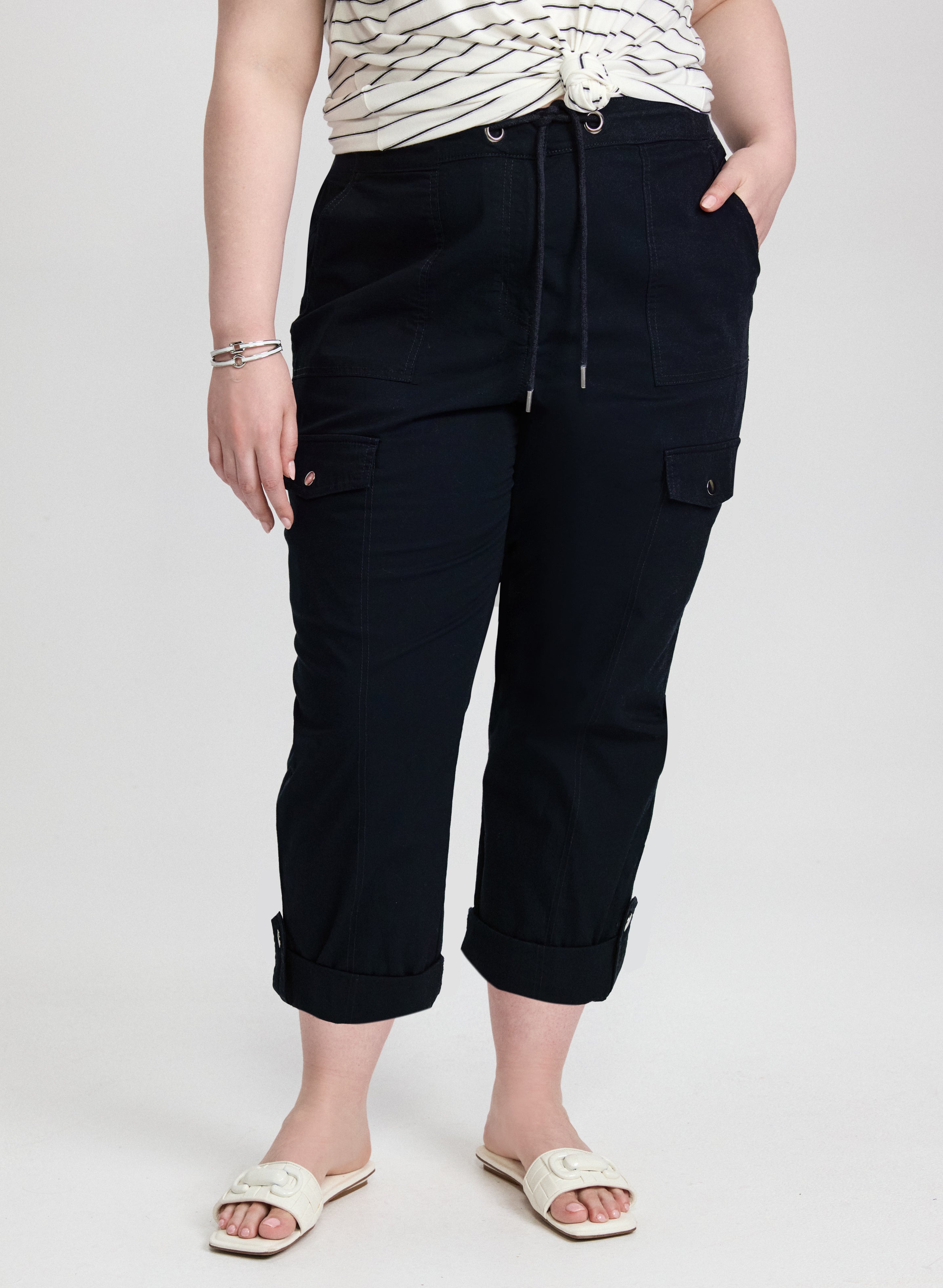 Women's Cotton Cargo Capris - Stretchable Casual Pants with Multiple Pockets for Outdoor, Travel & Hiking | Comfortable Summer Workout & Yoga Pants