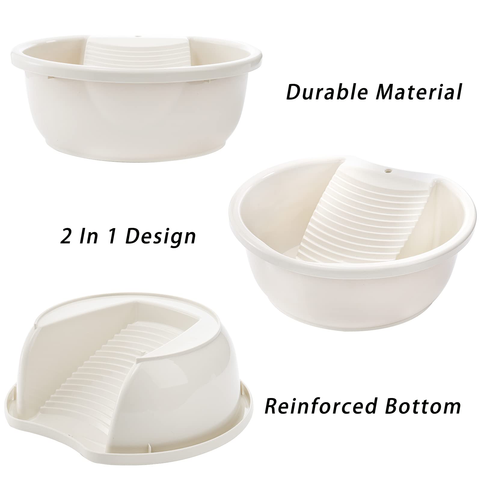 SOUJOY 2 Pack Plastic Washboard Basin - Non-Slip Hand Washing Tub with Built-in Washboard for Delicate Laundry | Portable for Home, Camping & Travel (Ideal for Socks, Underwear & Baby Clothes)