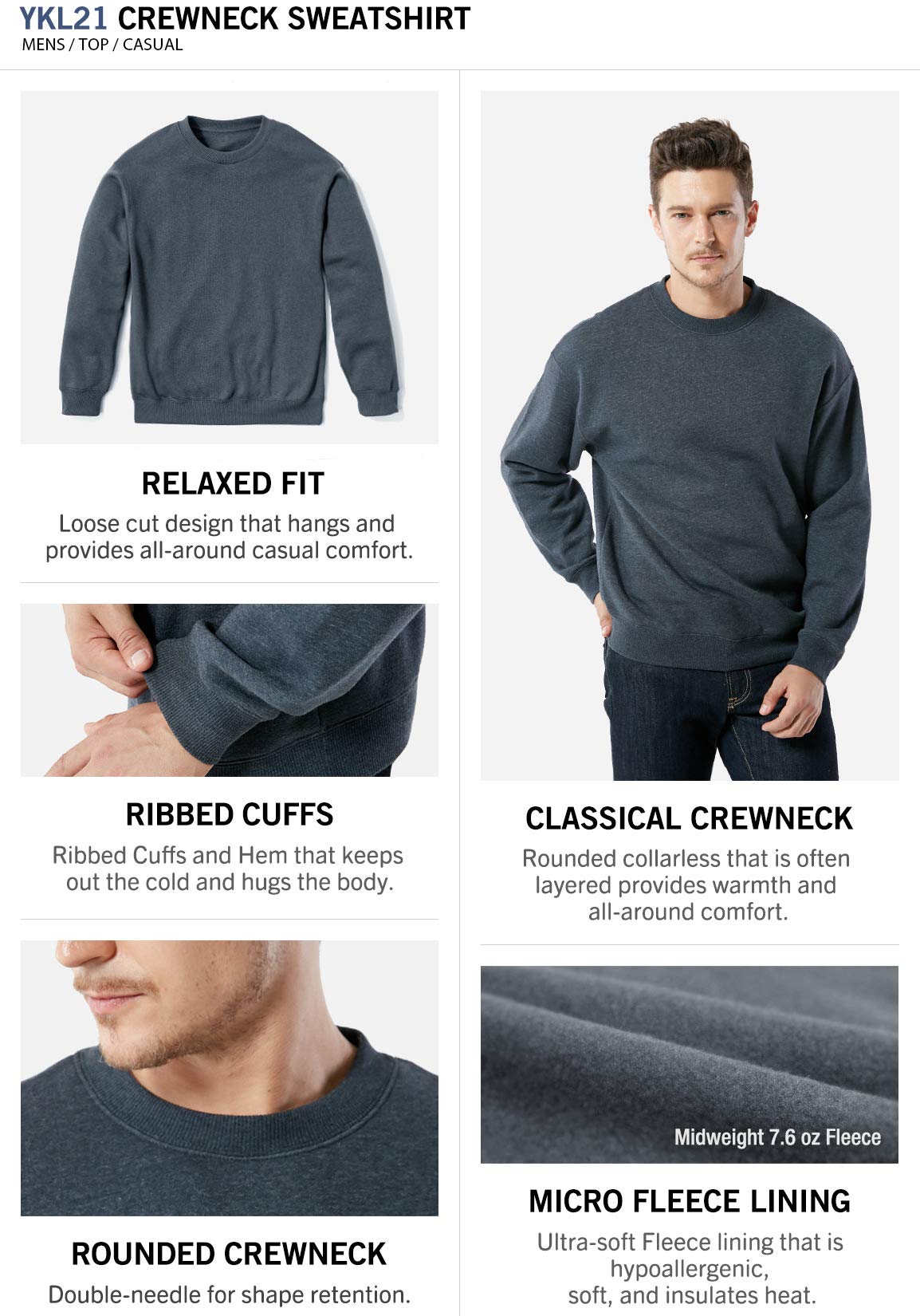 TSLA Men's Fleece Crewneck Sweatshirt - Soft Cotton Blend Thermal Pullover for Winter, Lightweight Workout Shirt - Perfect for Gym, Running & Casual Wear