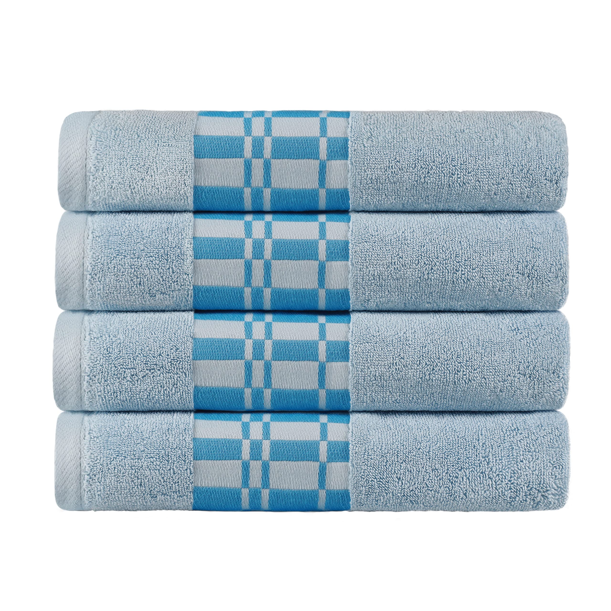 Premium 4-Piece Cotton Bath Towel Set with Geometric Design & Dobby Border - Soft Absorbent Body Towels for Bathroom, Spa & Hotel Use - Perfect for Home, Airbnb & Guest Bath Essentials (Light Blue, Larissa Collection) - Ideal for Adults & Kids, Luxury Resort-Style Experience