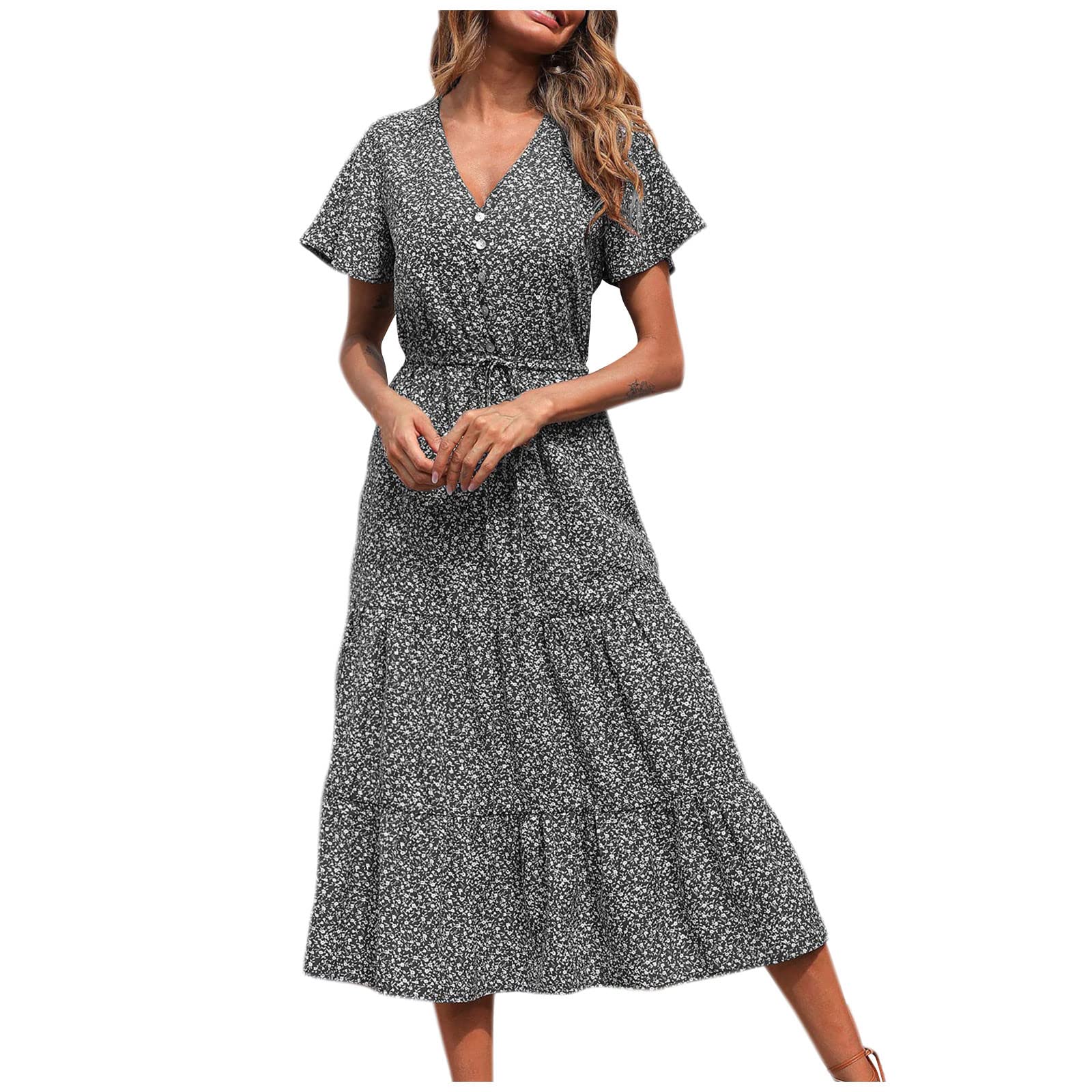 Timbrigte Women's Bohemian Ruffles Wrap Dress - Floral Print Button Down Midi Dress with V-Neck & A-Line Retro Waist | Perfect for Summer Vacations, Beach Weddings & Boho Chic Outfits