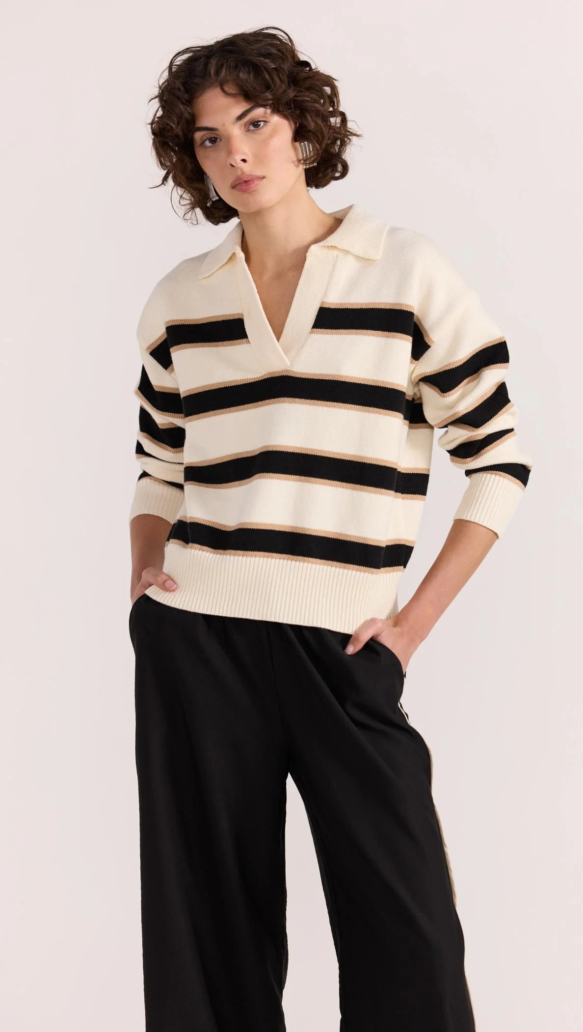 Hudson Cream Black Stripe Polo Sweater for Men - Classic Cotton Knit Pullover for Casual Wear & Office Outfits