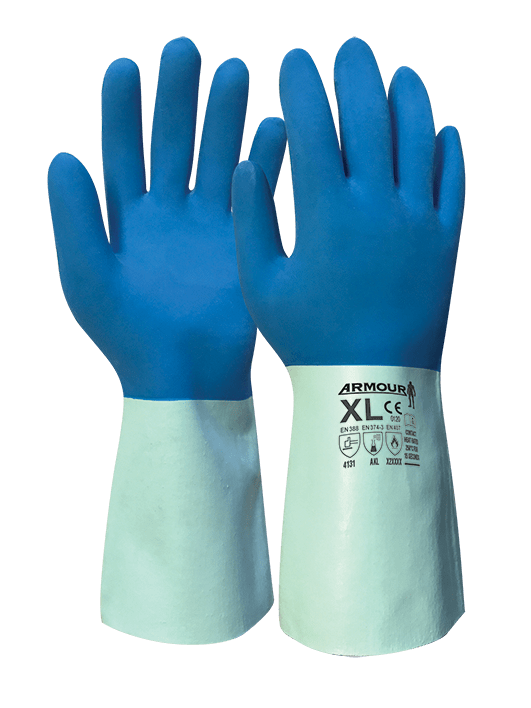 Armour Blue Latex Chemical Contact Gloves - Heat Resistant Up to 250°F, 30cm Gauntlet Style, 3 Pairs - Ideal for Laboratory, Chemical Handling & Industrial Use