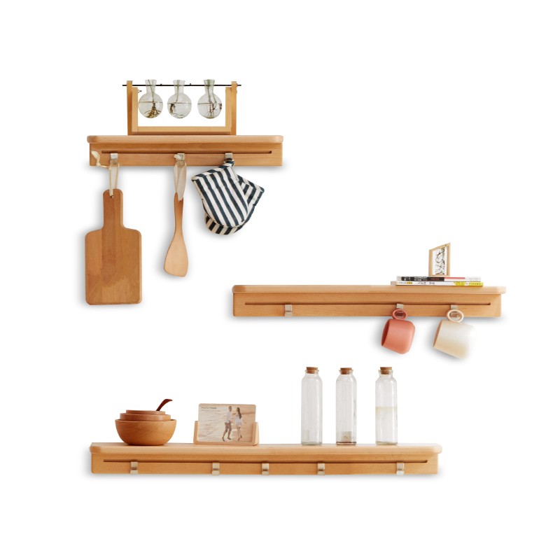 Solid Beech Wood Wall Shelf with Hooks - Rustic Floating Shelf for Kitchen, Bathroom, or Living Room Storage & Decor