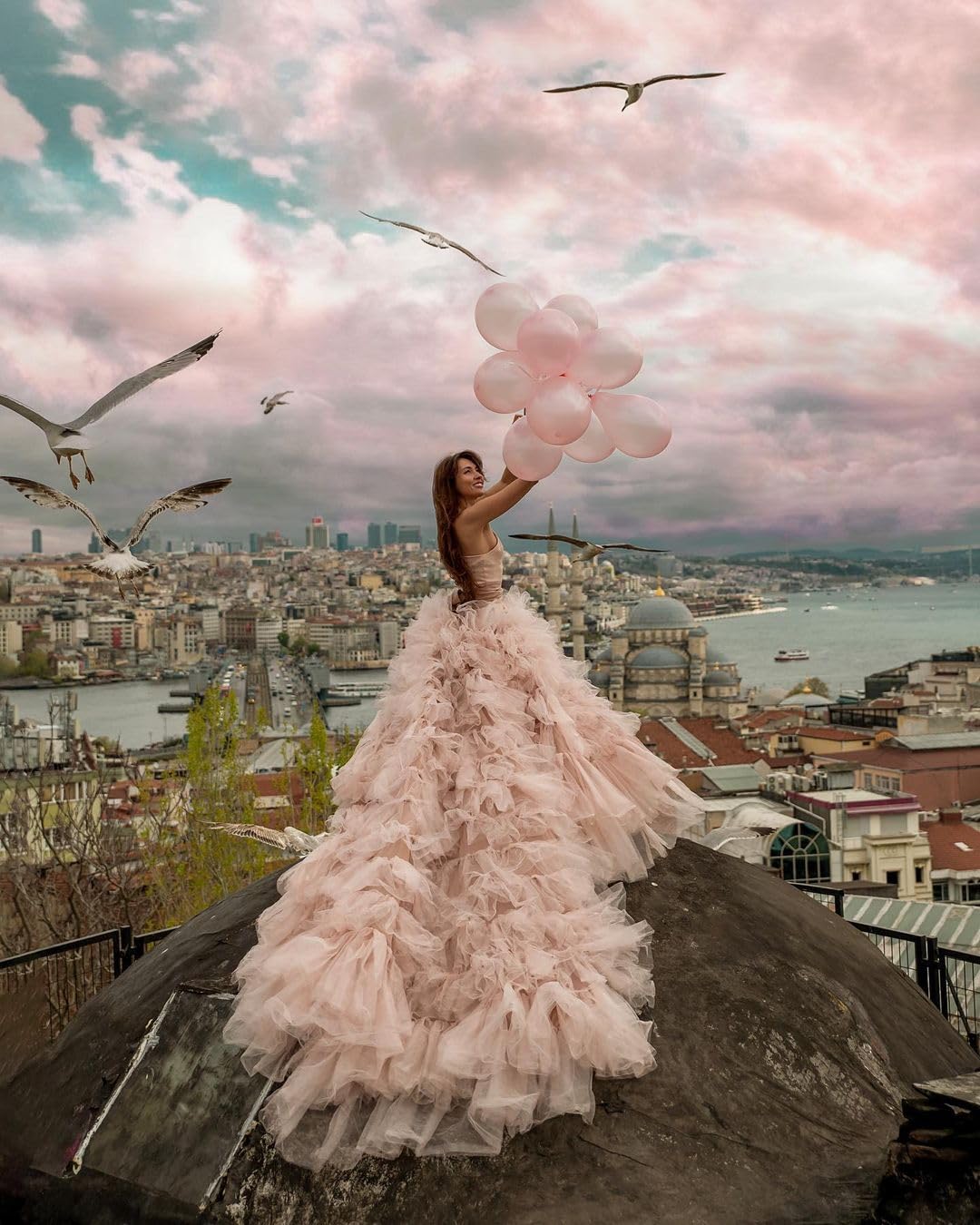 Elegant Long Satin Tulle Maxi Dress with Train - Flowy Flying Photoshoot Dress for Women | Perfect for Santorini Vacations, Baby Showers, Weddings & Special Occasions