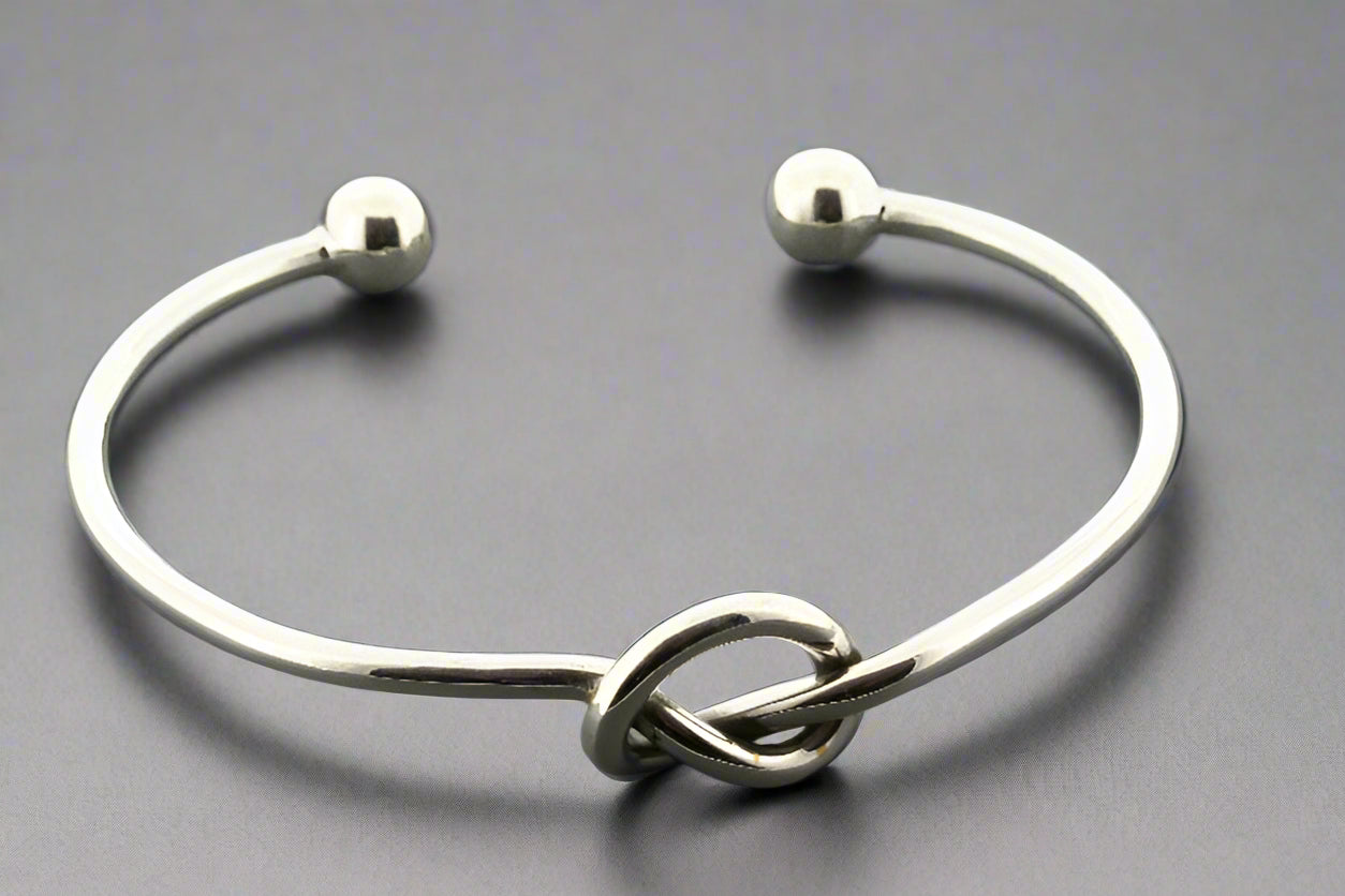 Sterling Silver Heart Knot Cuff Bracelet with Ball Bead Ends - Perfect for Valentine's Day Gifts, Anniversary Presents & Romantic Occasions