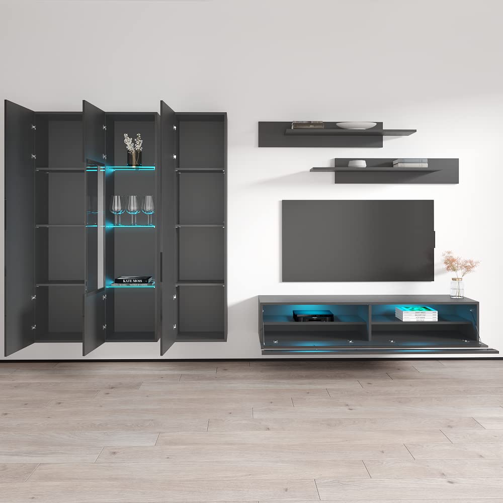 Modern Gray Wall-Mounted TV Stand with Storage & LED Lights - Meble Fly C35 Entertainment Center for Bedroom & Living Room - Floating TV Console with Shelves - Perfect for Small Spaces & Home Theater Setup