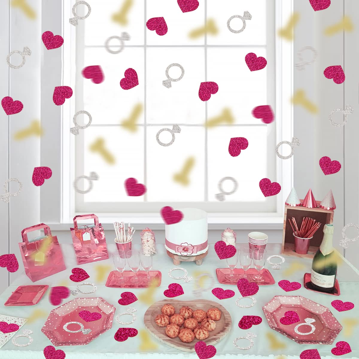 200 Pack Glitter Silver Diamond Ring & Hot Pink Heart Confetti - Bachelorette Party Decorations, Bridal Shower, Wedding & Engagement Party Supplies | Perfect for Table Scatter, Photo Backdrops & Celebration Decor