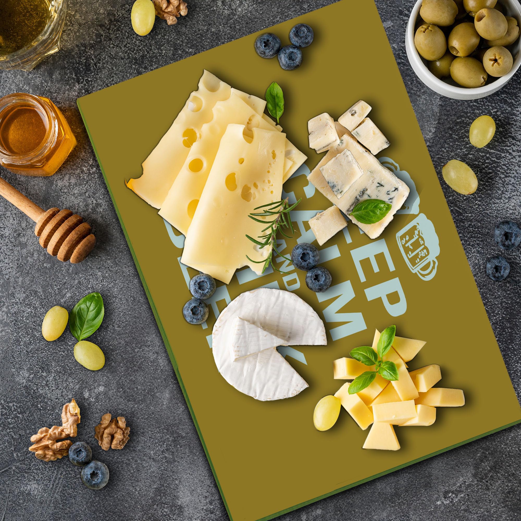 Ambesonne Keep Calm Cutting Board - Drink Beer Themed Tempered Glass Serving Board with Fun Pub Print, Large Amber White - Perfect for Home Bars, Kitchen Decor & Entertaining Guests