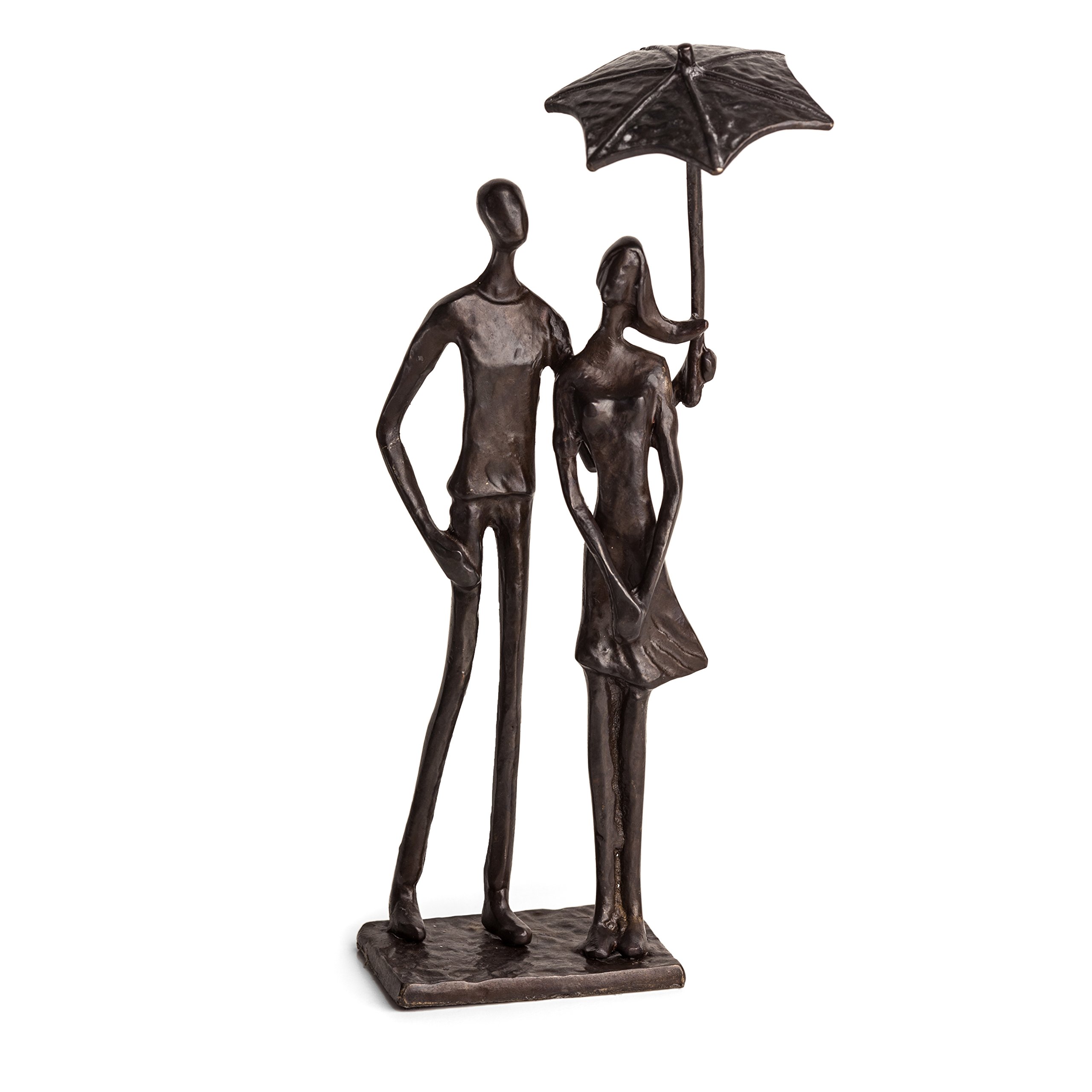 Loving Couple Under Umbrella Bronze Sculpture - Modern Elegant Metal Art Statue for Home & Office Decor - Romantic Tabletop Sculpture for Wedding Anniversary Gift & Living Room Centerpiece