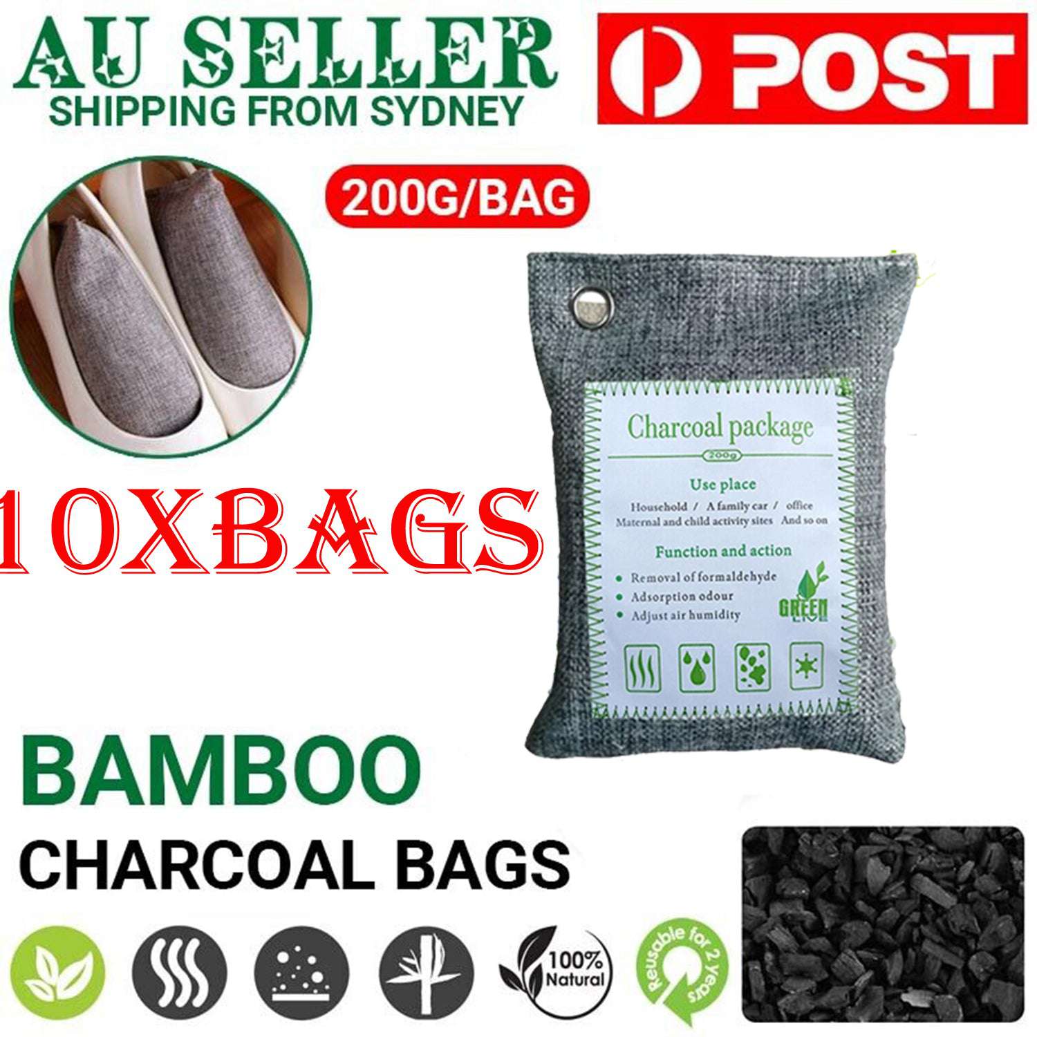 10PCS Activated Bamboo Charcoal Air Purifying Bags - 200g Natural Odor Eliminator for Car, Home, Closet & Shoes | Freshen Air, Absorb Moisture & Remove Bad Smells | Ideal for Pet Areas, Gym Bags & Musty Spaces