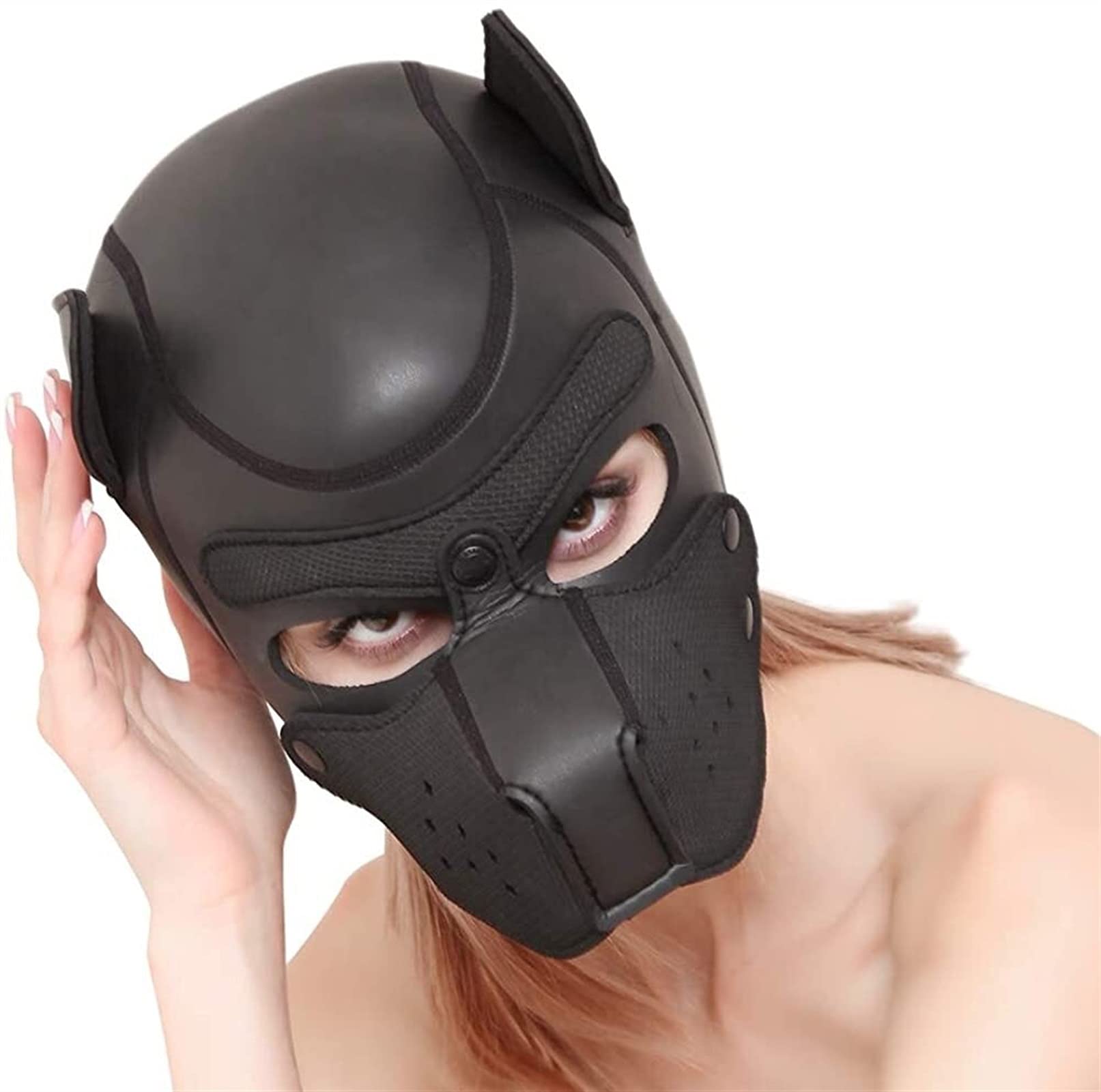 Soft Latex Dog Mask with Ears & Removable Mouth - Realistic Puppy Play Mask for Halloween Costume, Cosplay, Pet Role Play & Furry Parties (Black)