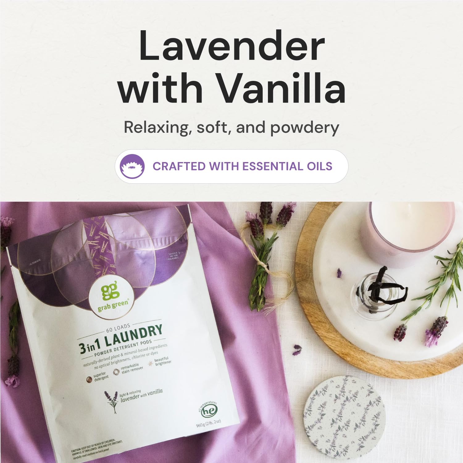 Grab Green 3-in-1 Laundry Detergent Pods, 24 Count - Lavender Vanilla Scent, Plant & Mineral Based, Powerful Stain Remover & Clothes Brightener | Ideal for Everyday Laundry, Travel & Eco-Friendly Cleaning