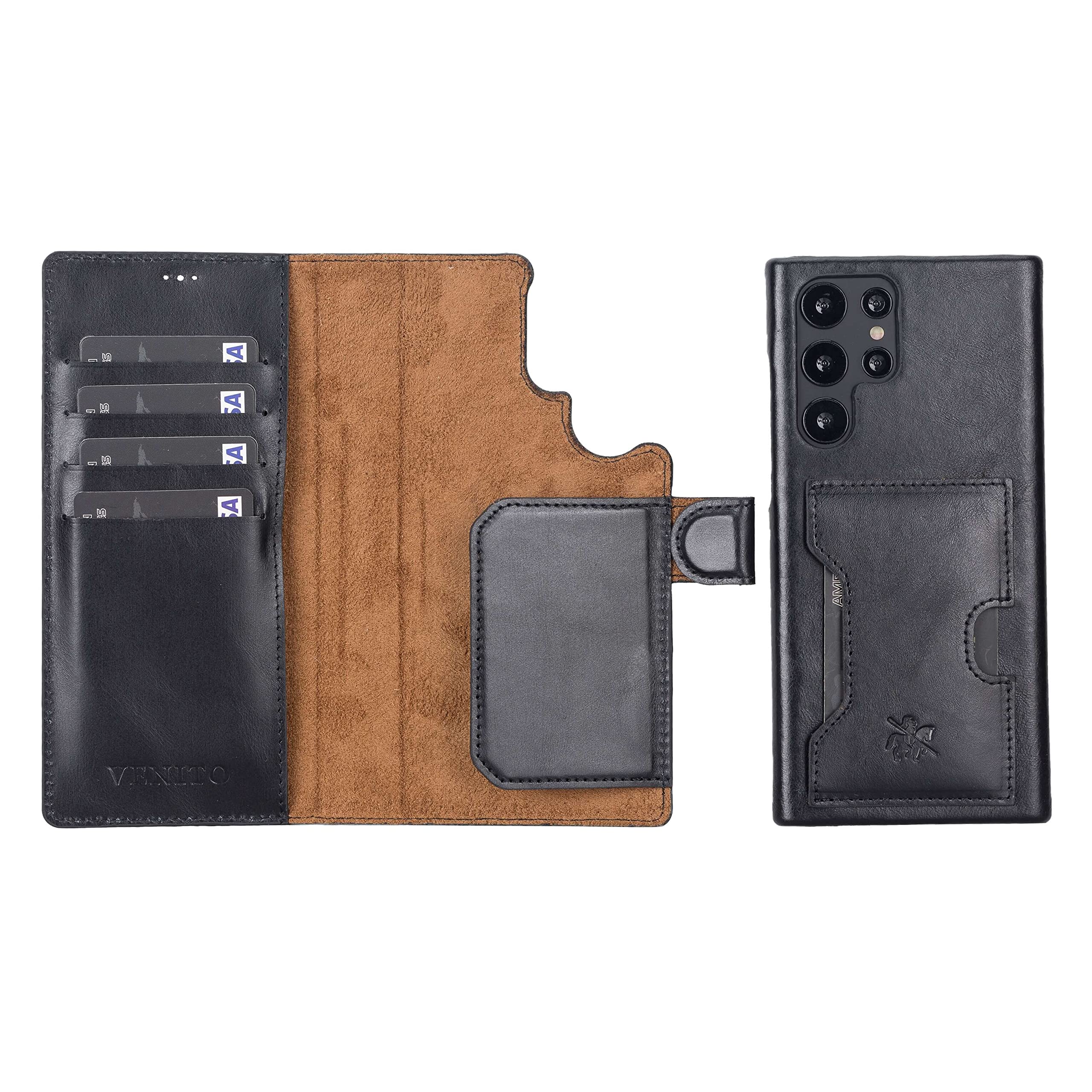 Venito Florence Genuine Leather Wallet Phone Case for Samsung Galaxy S22 Ultra - RFID Blocking for Security - Detachable Wallet with Card Slots - Perfect for Travel, Work & Everyday Use (Rustic Black)