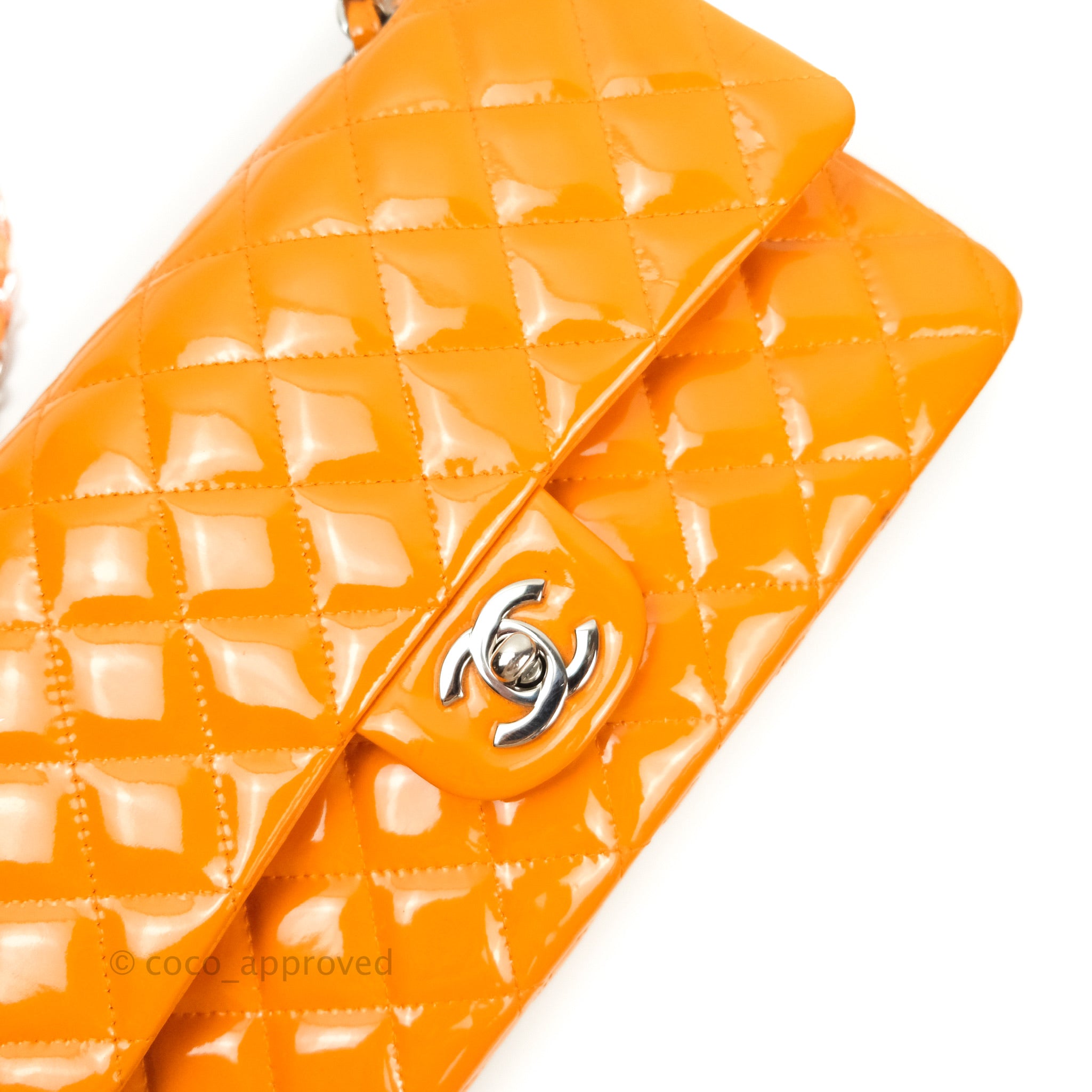 Chanel Classic M/L Medium Double Flap Bag in Orange Patent Leather with Silver Hardware - Perfect for Evening Events & Luxury Fashion Accessories