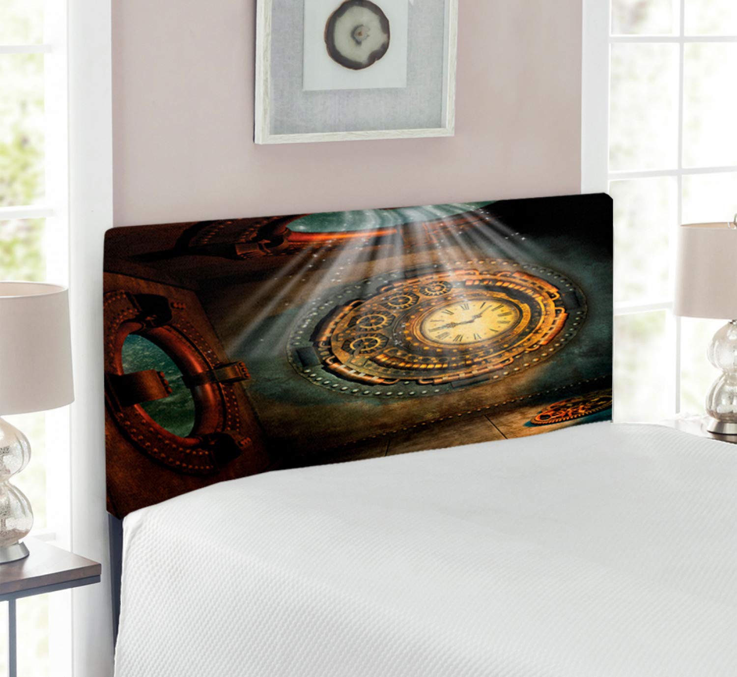 Ambesonne Fantasy Headboard - Twin Size Upholstered Decorative Metal Bed Frame with Memory Foam, Brown & Teal Fantasy Scenery Artwork Featuring Clock & Dream Sky Rays | Perfect for Bedroom Decor, Guest Rooms & Themed Interior Design