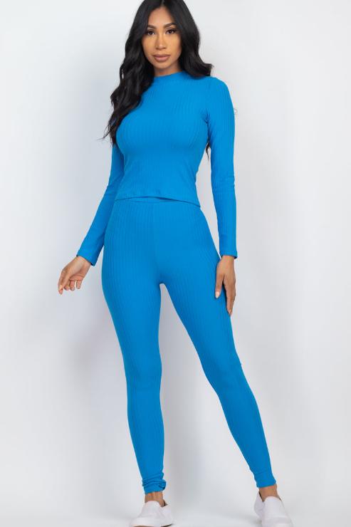Stylish Ribbed Mock Neck Long Sleeve Top & High-Waisted Leggings Set - Capella | Women's Workout Outfit for Yoga, Gym & Casual Wear